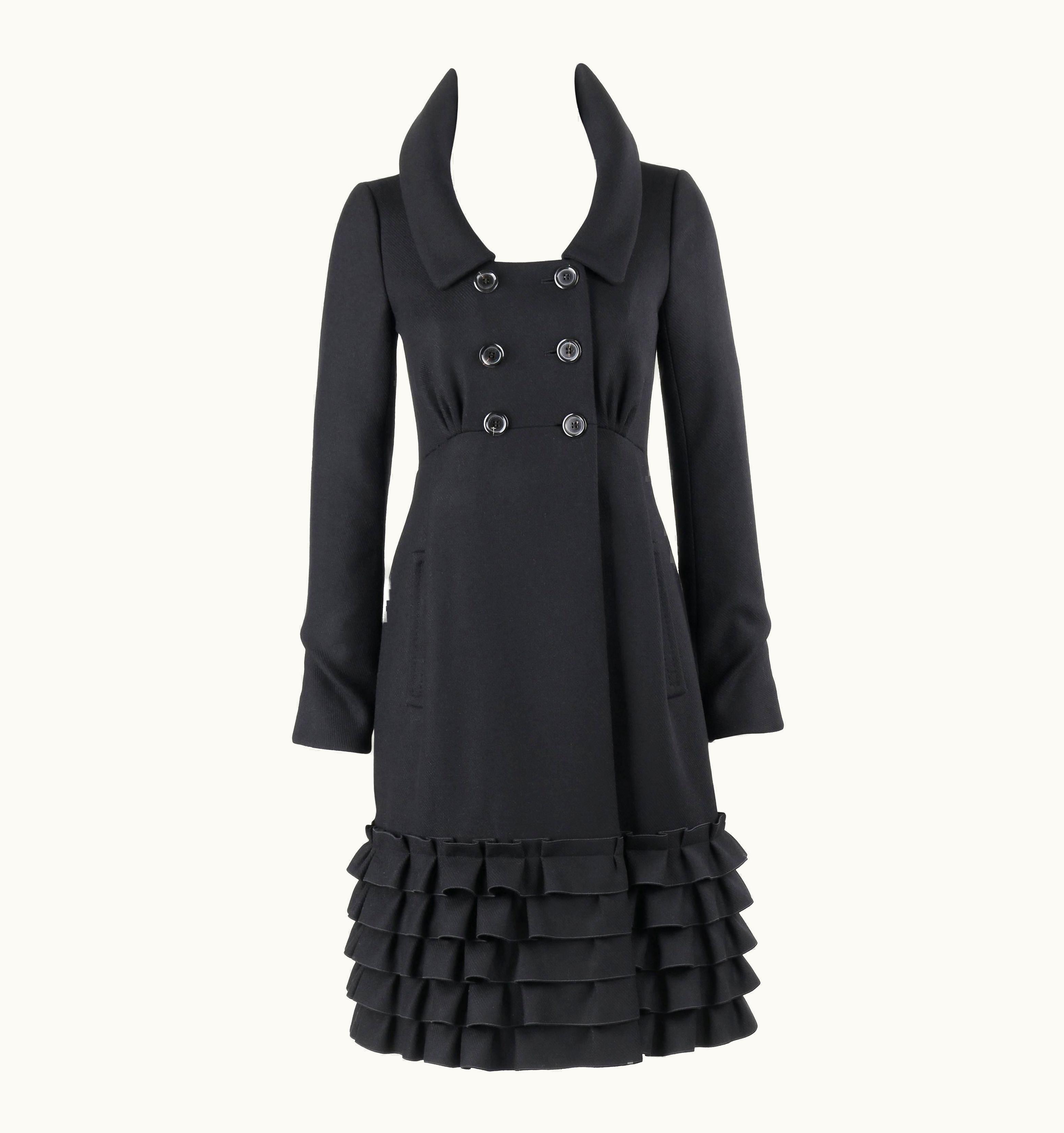 Louis Vuitton AW 2006 Black Wool Double Breasted Ruffle Hem Coat