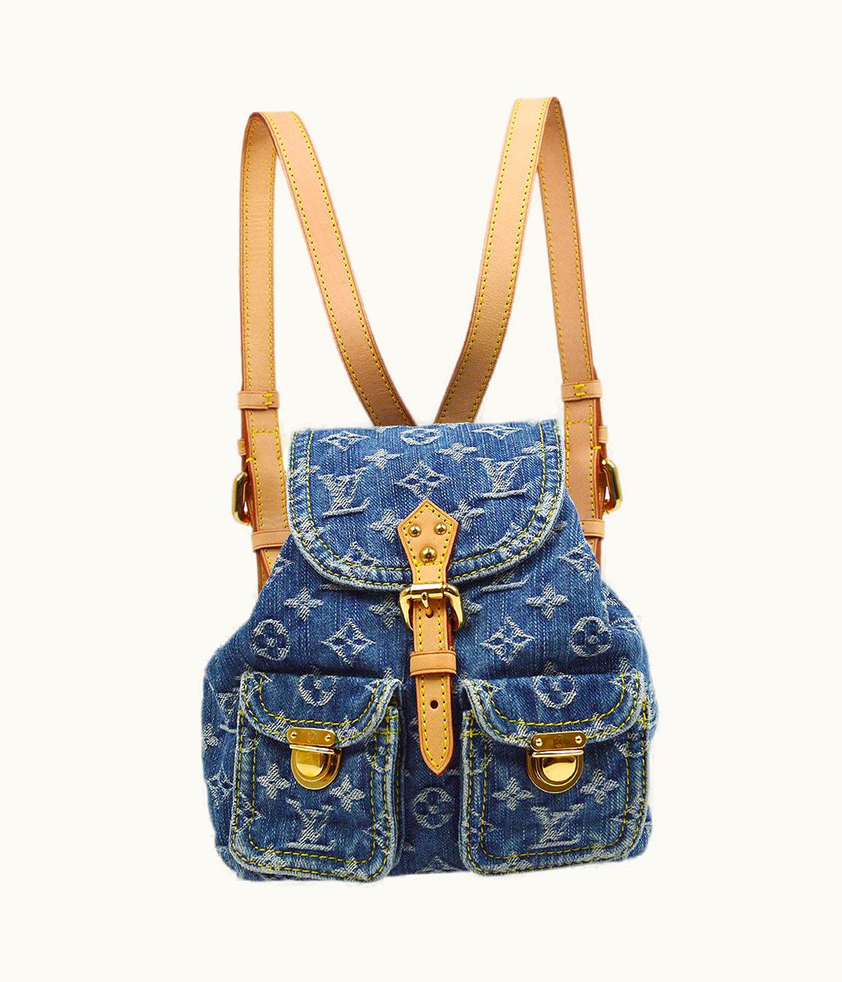 Louis Vuitton Louis Vuitton Monogram Denim Logo Gold Tan Leather Backpack Shoulder Bag