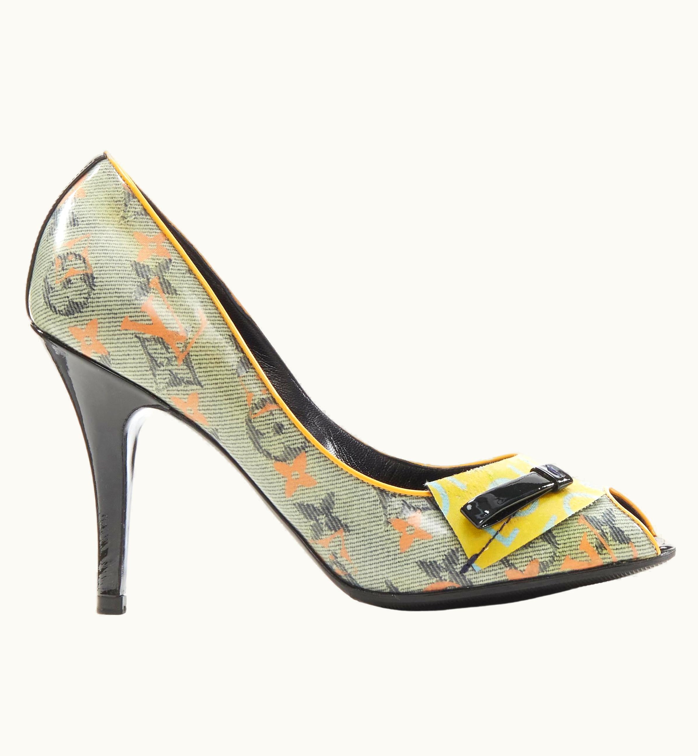 Louis Vuitton Louis Vuitton 2008 Richard Prince Denim Yellow Monogram Peep Toe Heel
