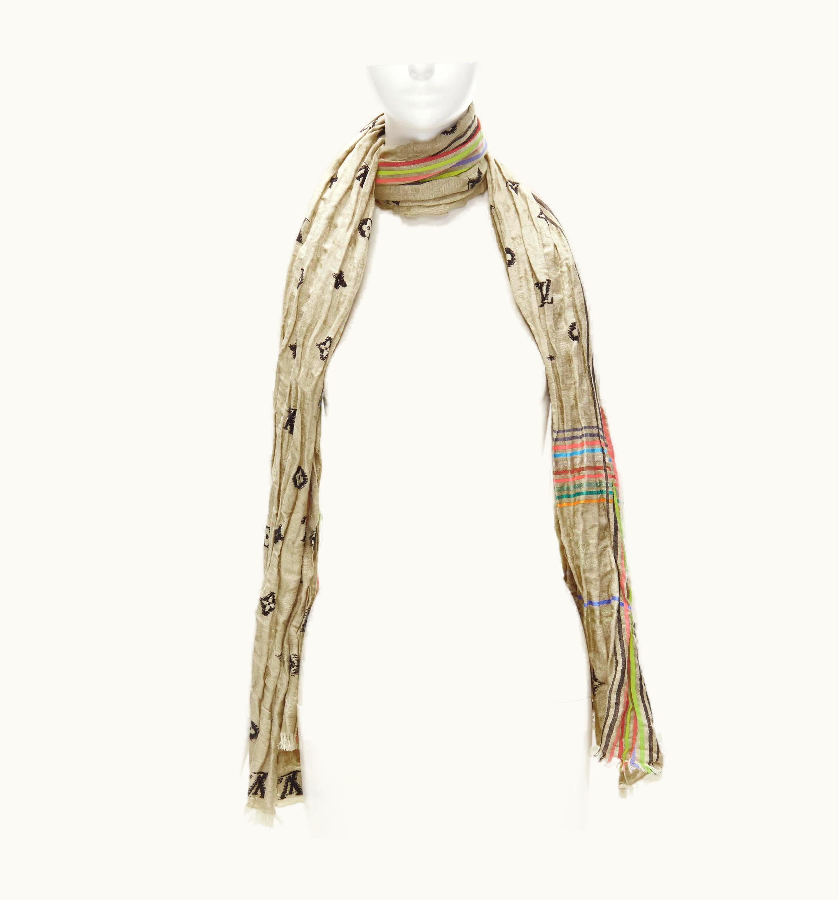Louis Vuitton Louis Vuitton 2009 Cheche Bohemian Silk Linen Rainbow Striped Monogram Scarf