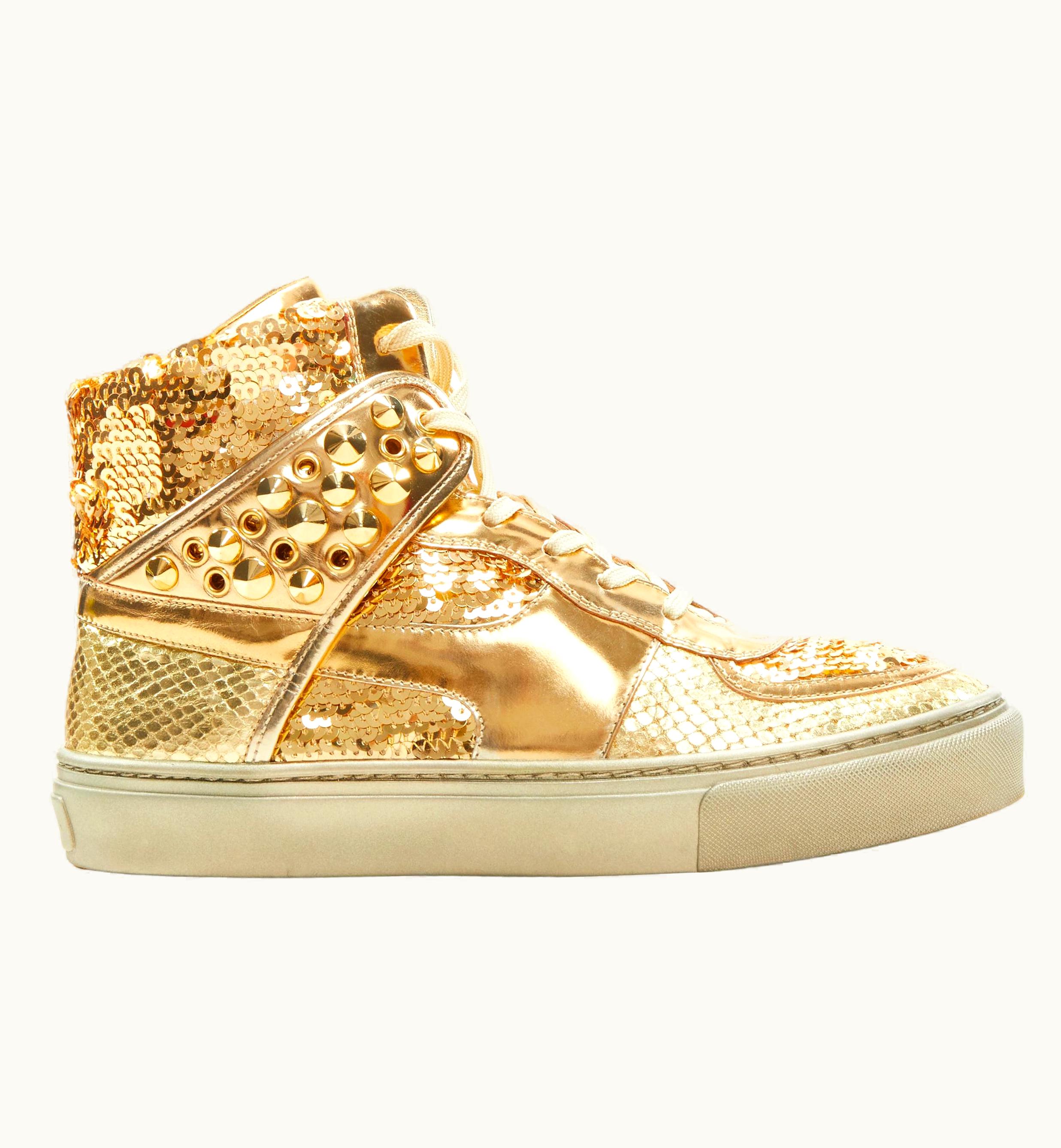 Louis Vuitton Louis Vuitton Mirrored Gold Leather Sequins Stud High Top Sneakers