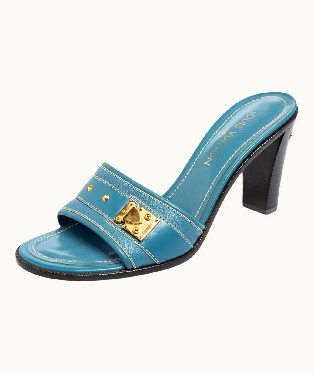 Louis Vuitton Louis Vuitton Blue Leather Embellished Buckle Strap Slide Sandals