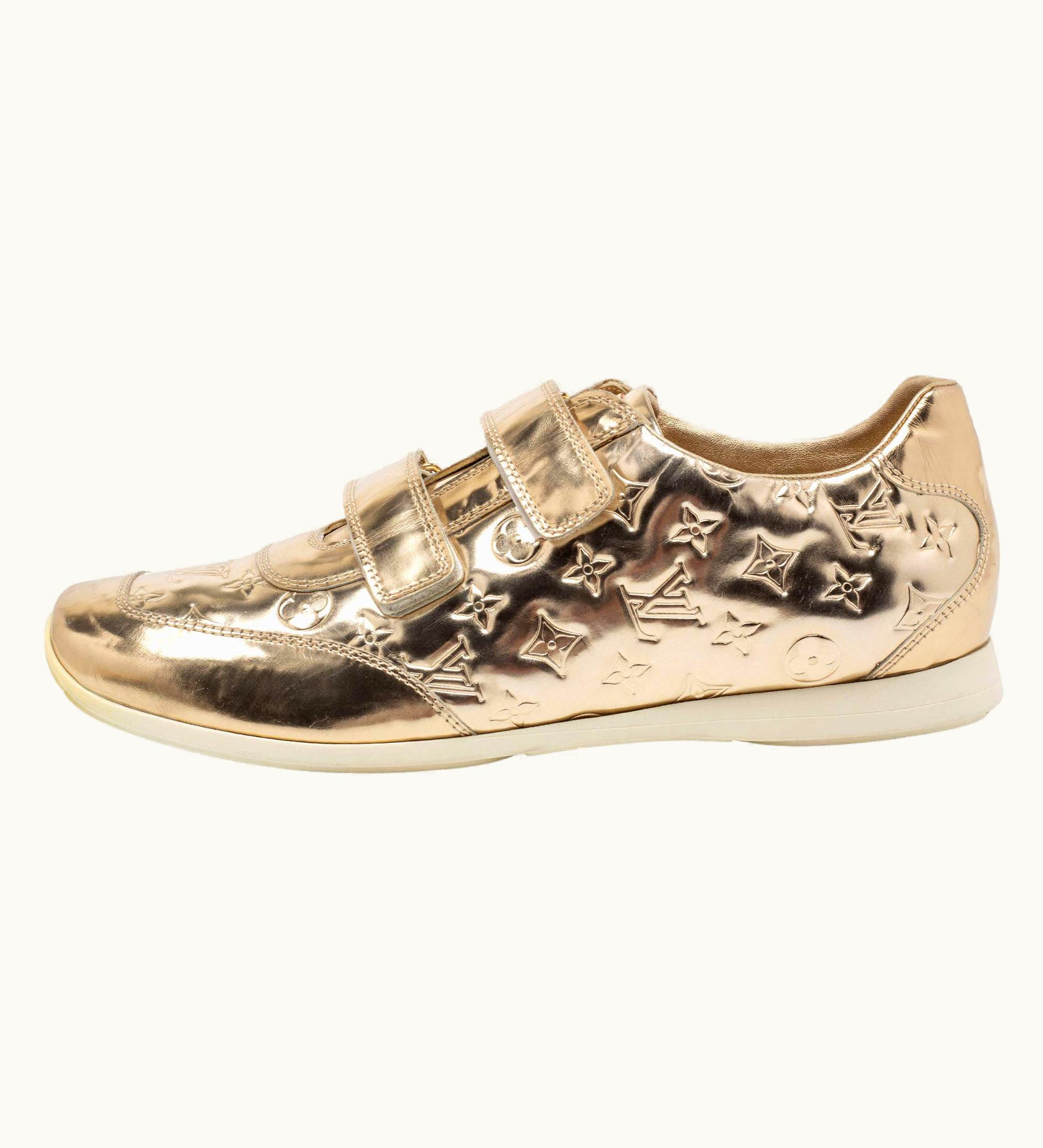 Louis Vuitton Louis Vuitton Metallic Gold Embossed Leather Velcro Strap Sneakers