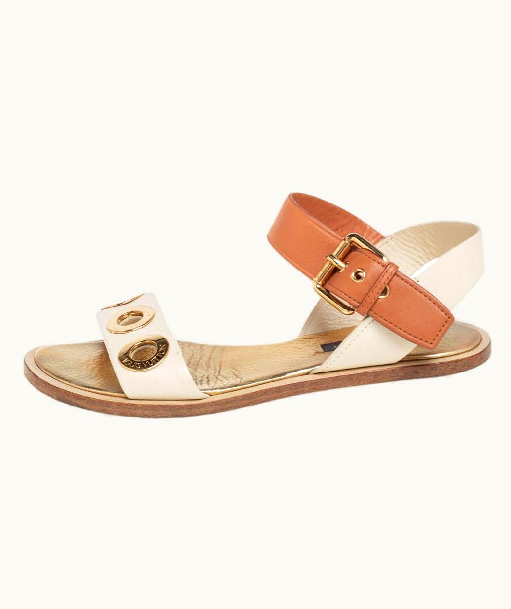 Louis Vuitton Louis Vuitton Cream/Brown Leather Slingback Flat Sandals