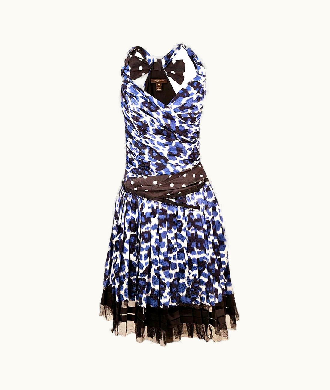 Louis Vuitton Vintage Louis Vuitton Blue Silk Animal Print Pleated Dress Eu