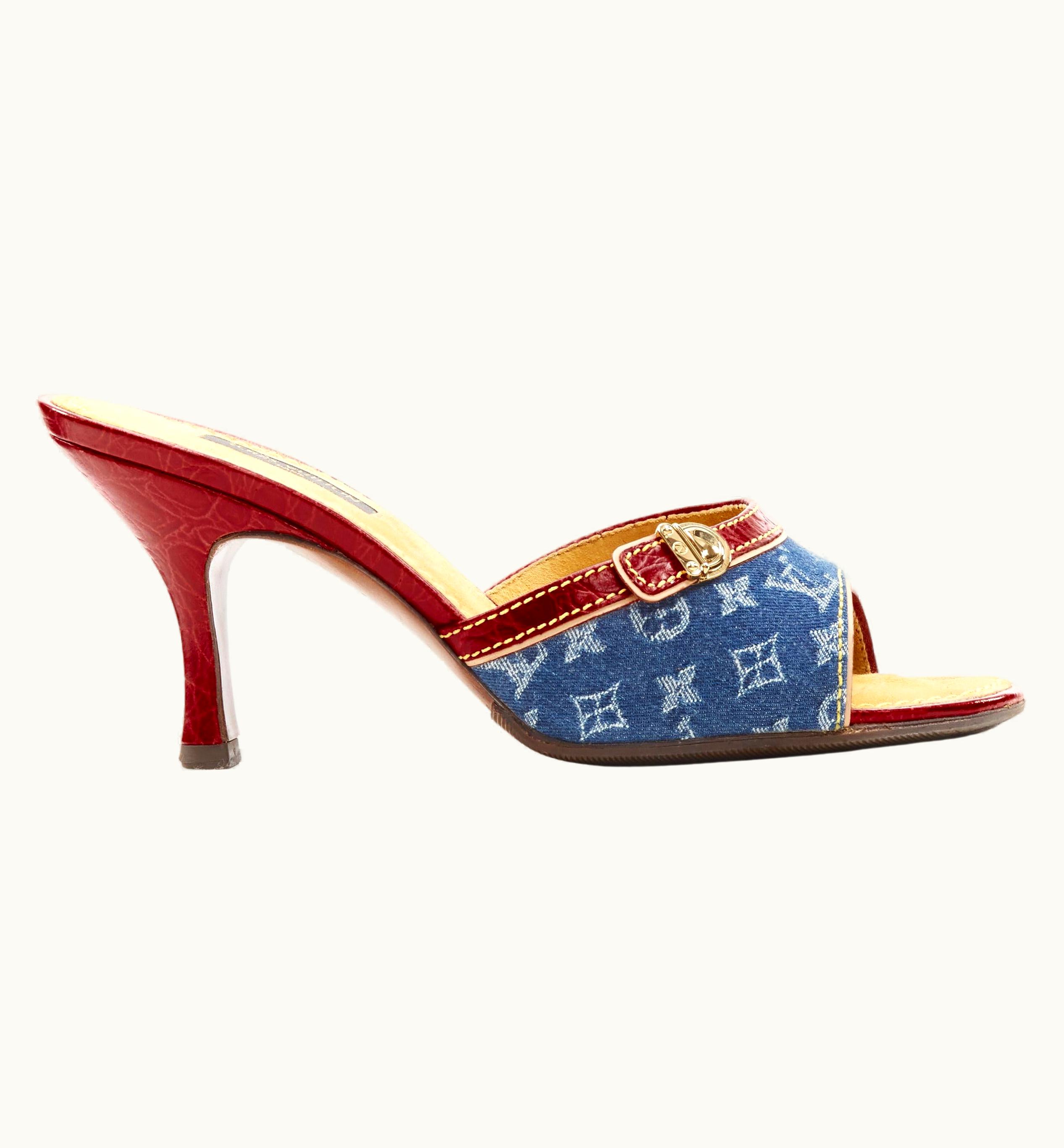 Louis Vuitton Louis Vuitton Y2k Blue Denim Buckle Leather High Heel Mule Sandal