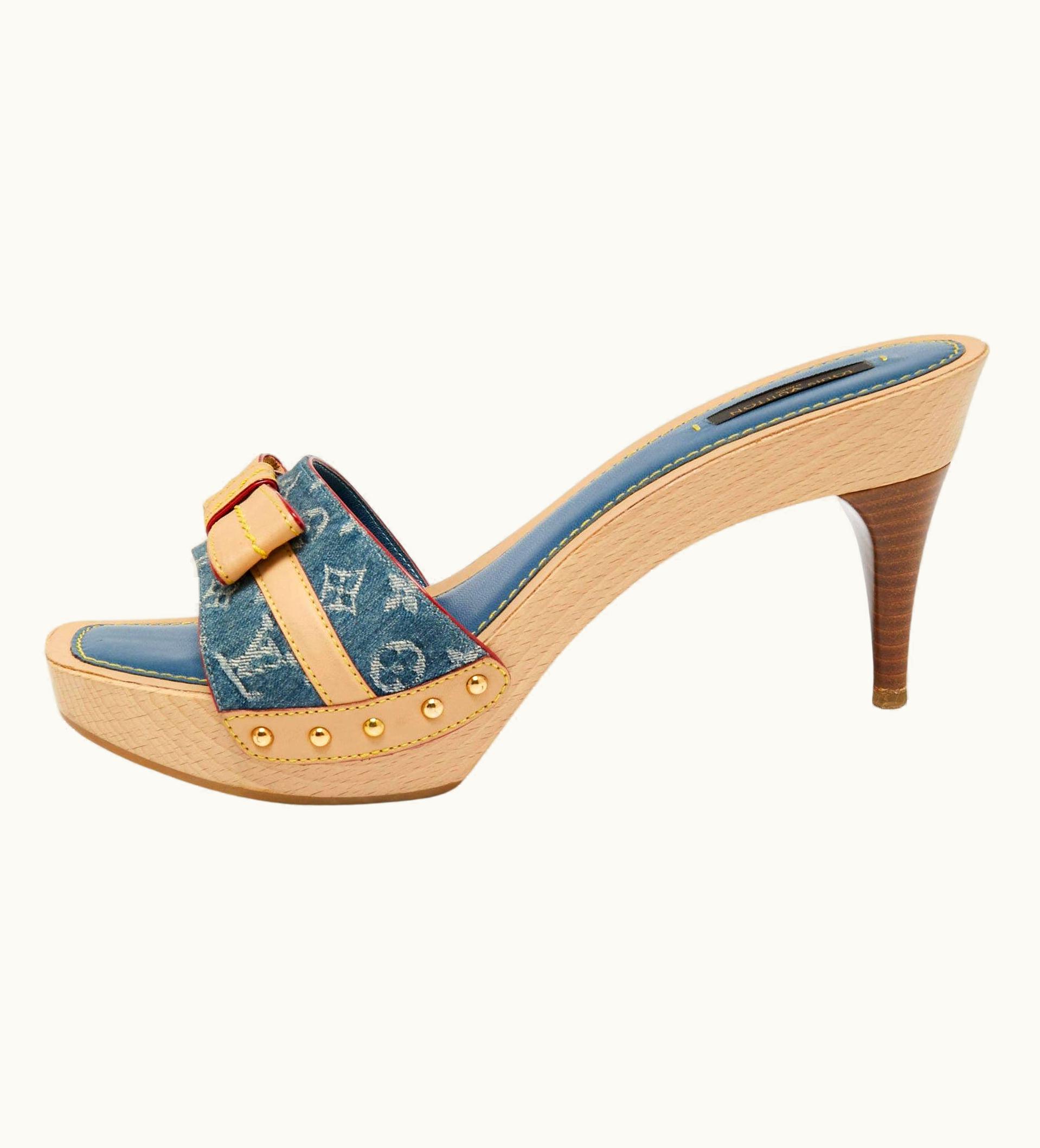 Louis Vuitton Louis Vuitton Blue/Beige Canvas Bow Grenadine Platform Slide Sandals