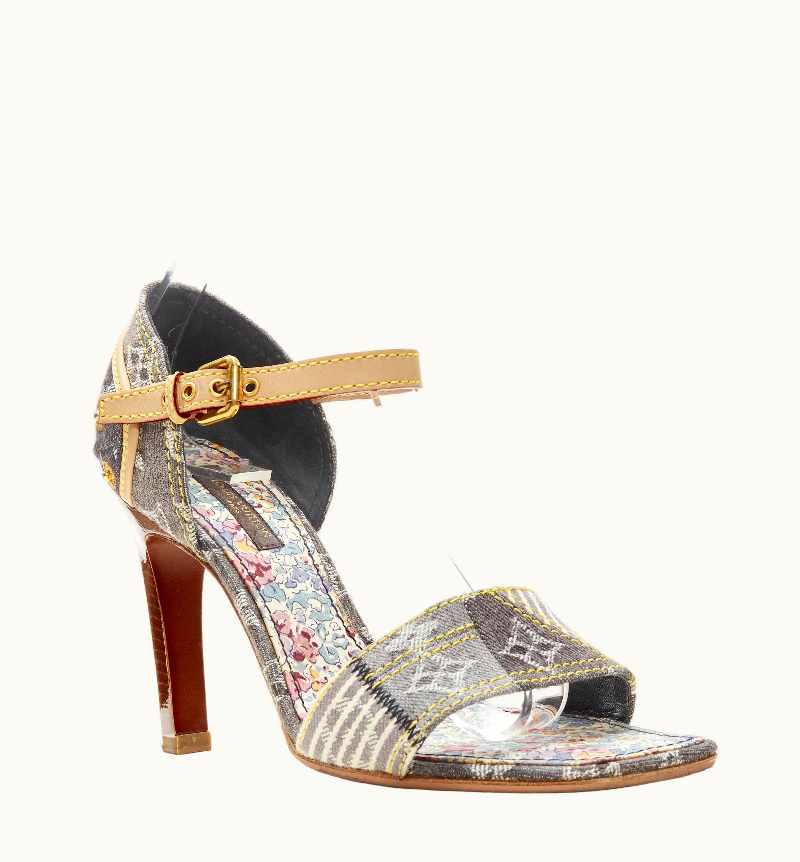 Louis Vuitton Louis Vuitton Grey Denim Patchwork Buckle Vachetta Strap Wooden Heel Sandal