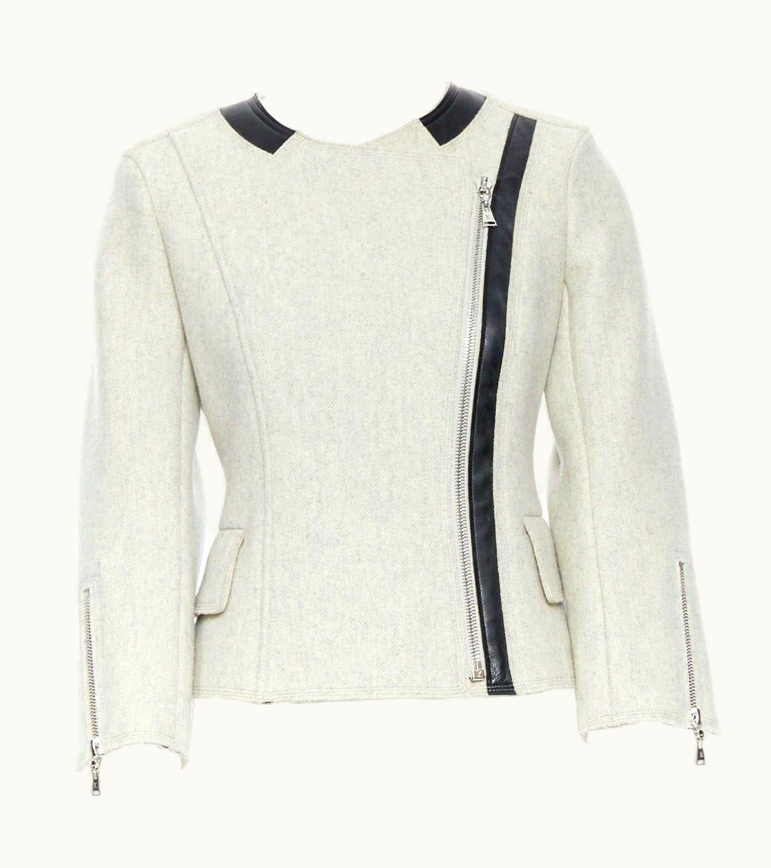 Louis Vuitton Louis Vuitton Grey Wool Blend Cashmere Lambskin Leather Panels Biker Jacket