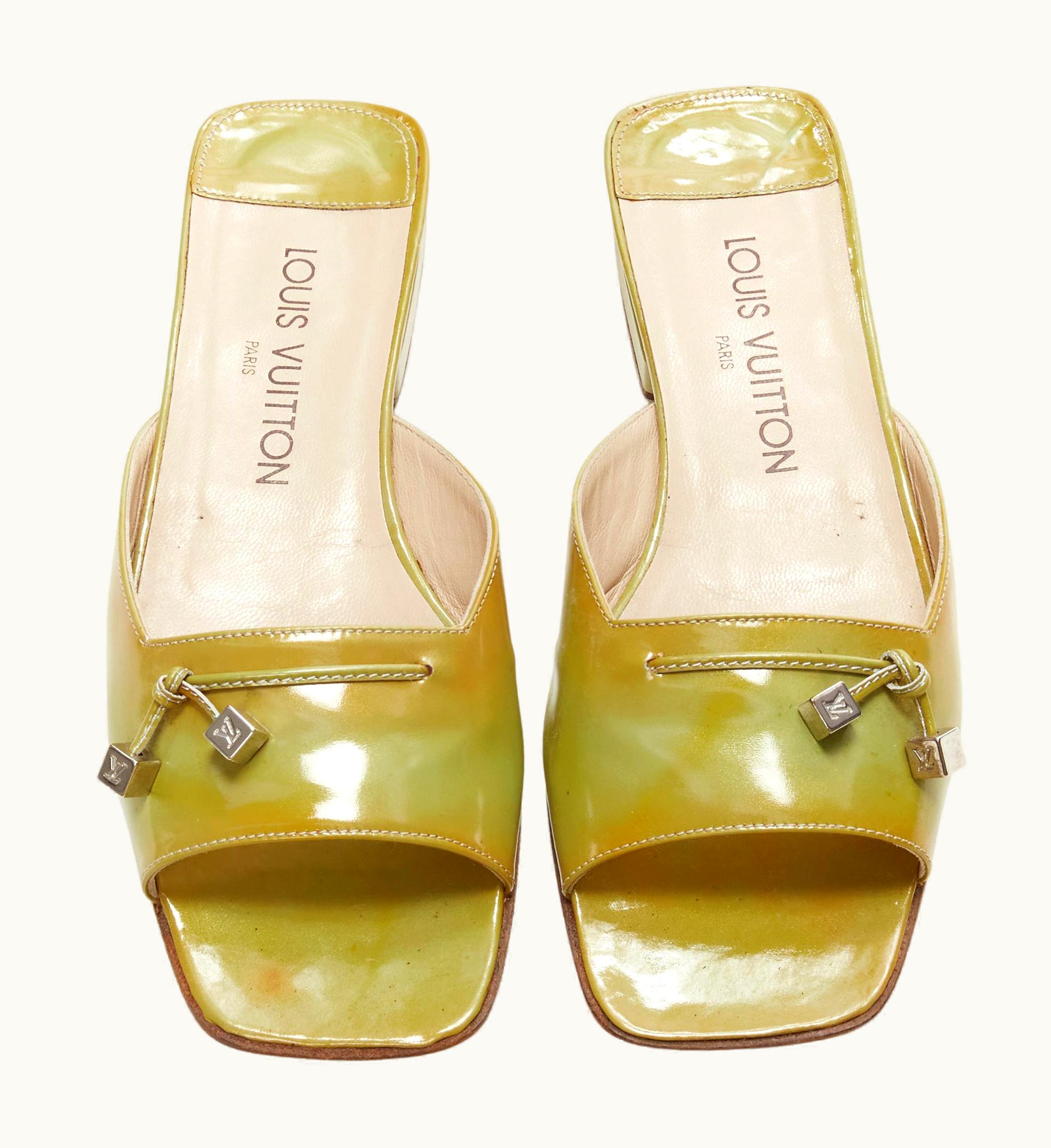 Louis Vuitton Louis Vuitton Green Yellow Polished Leather Lv Dice Square Toe Slipper