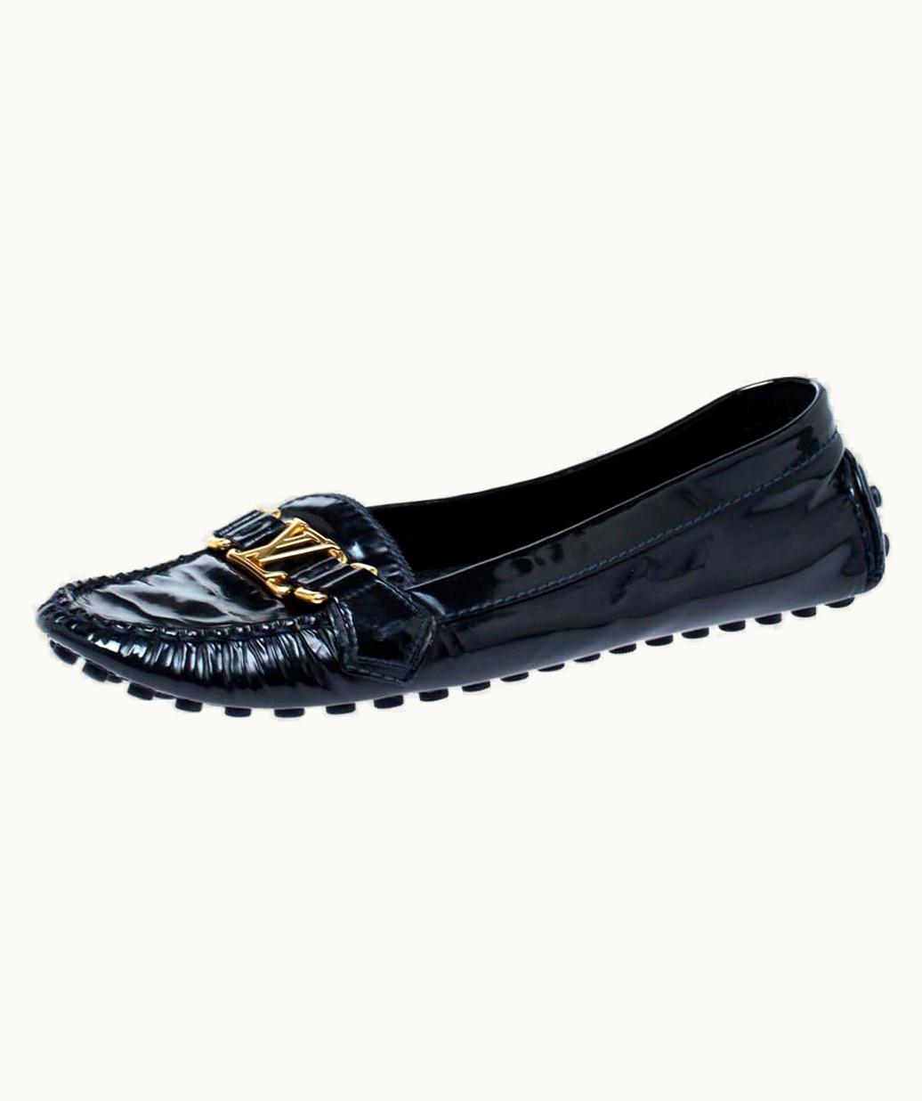 Louis Vuitton Louis Vuitton Black Patent Leather Logo Slip On Loafers