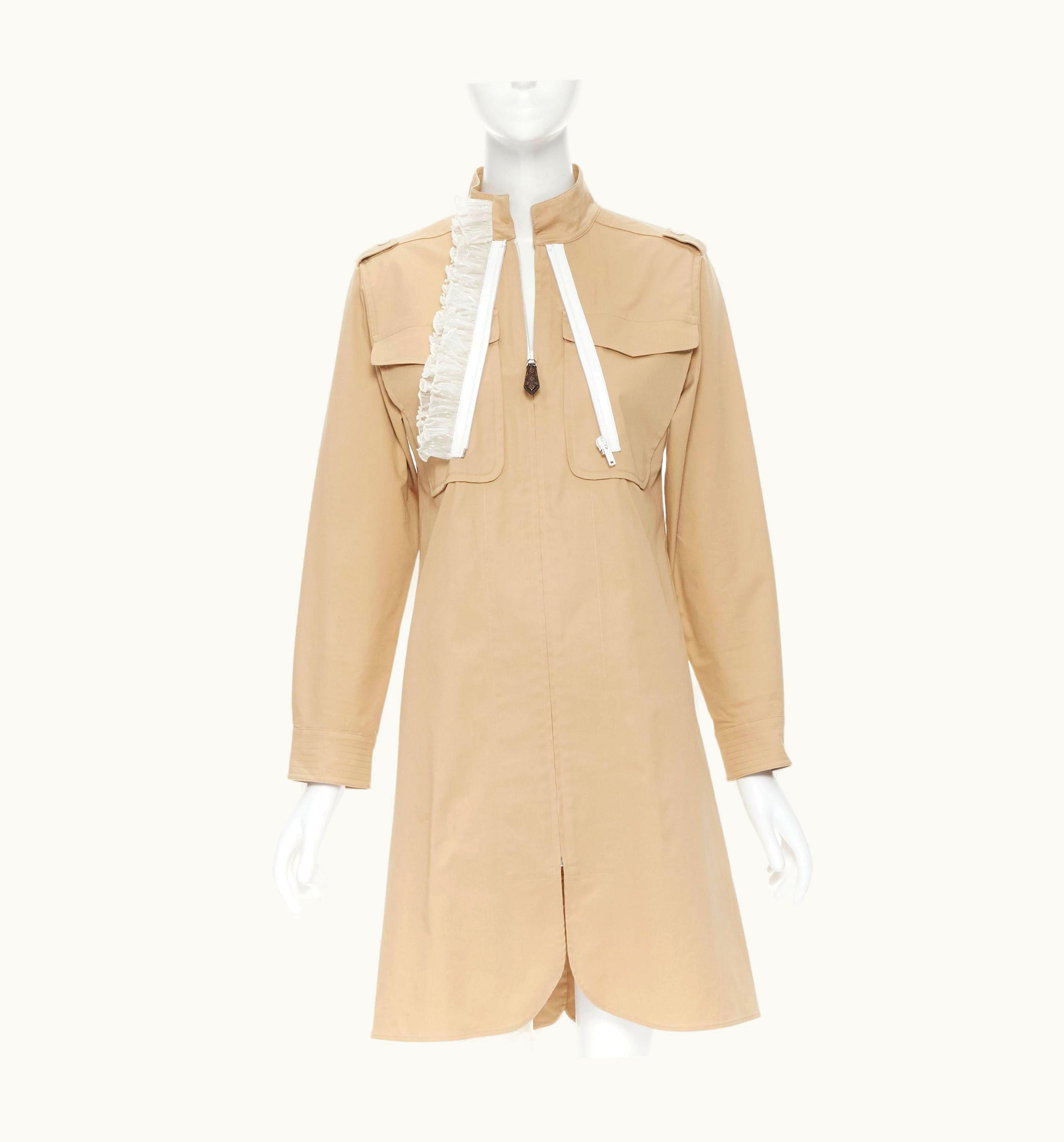 Louis Vuitton Louis Vuitton Beige Khaki Cotton Ruffle Zip Front Military Dress