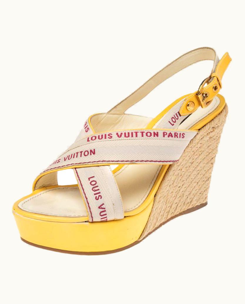 Louis Vuitton Louis Vuitton Beige/Yellow Canvas Cross Strap Espadrilles Wedge Sandals