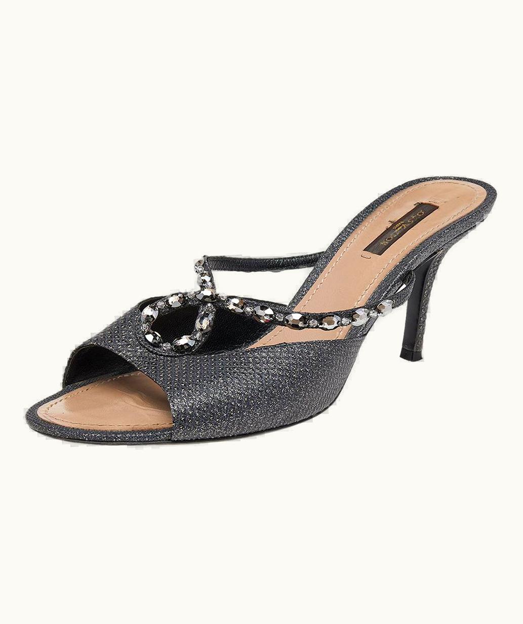 Louis Vuitton Louis Vuitton Black Leather Embellished Slide Sandals