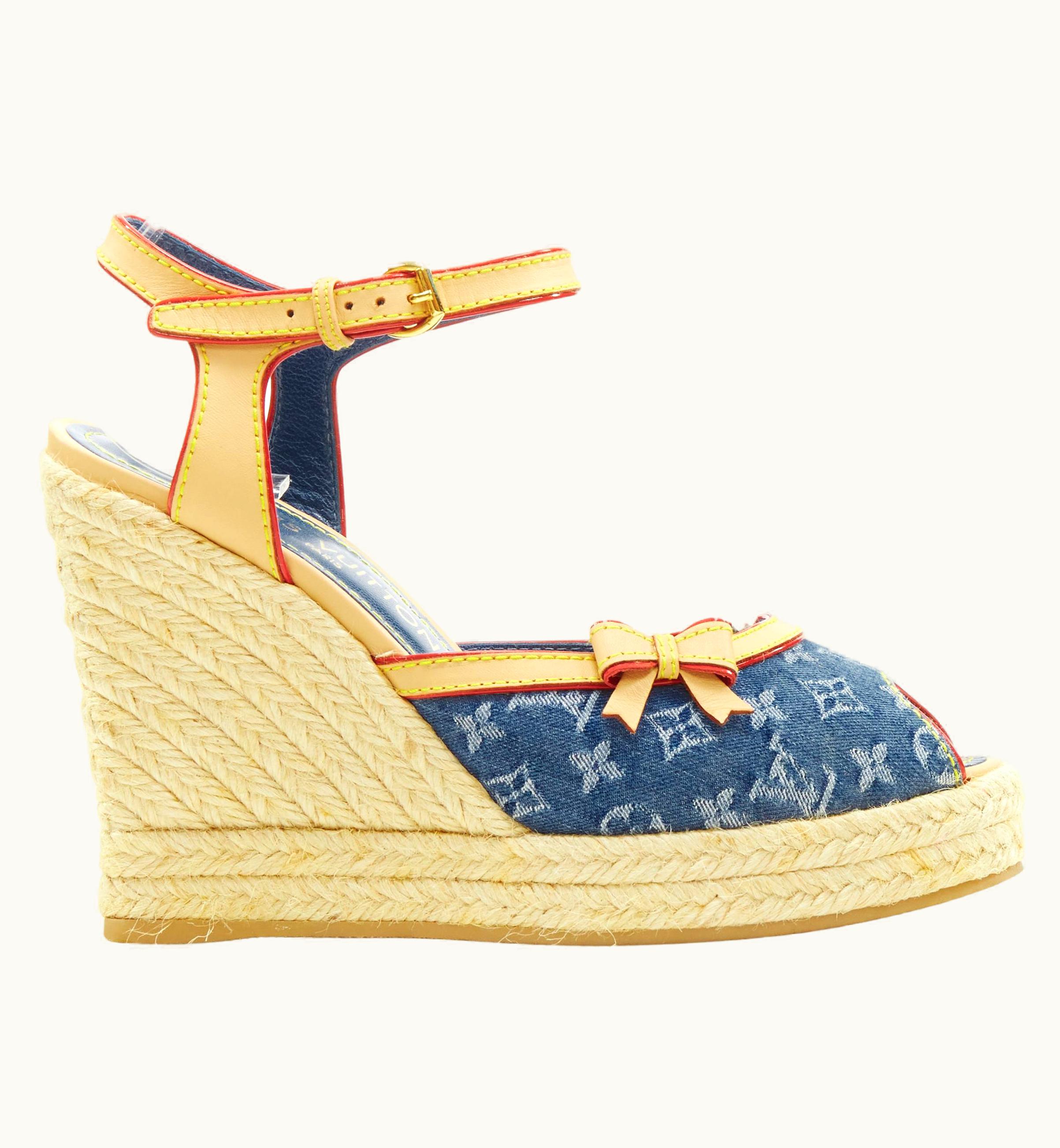 Louis Vuitton Louis Vuitton Y2k Blue Denim Vachetta Bow Peep Toe Espadrille Wedge Heel