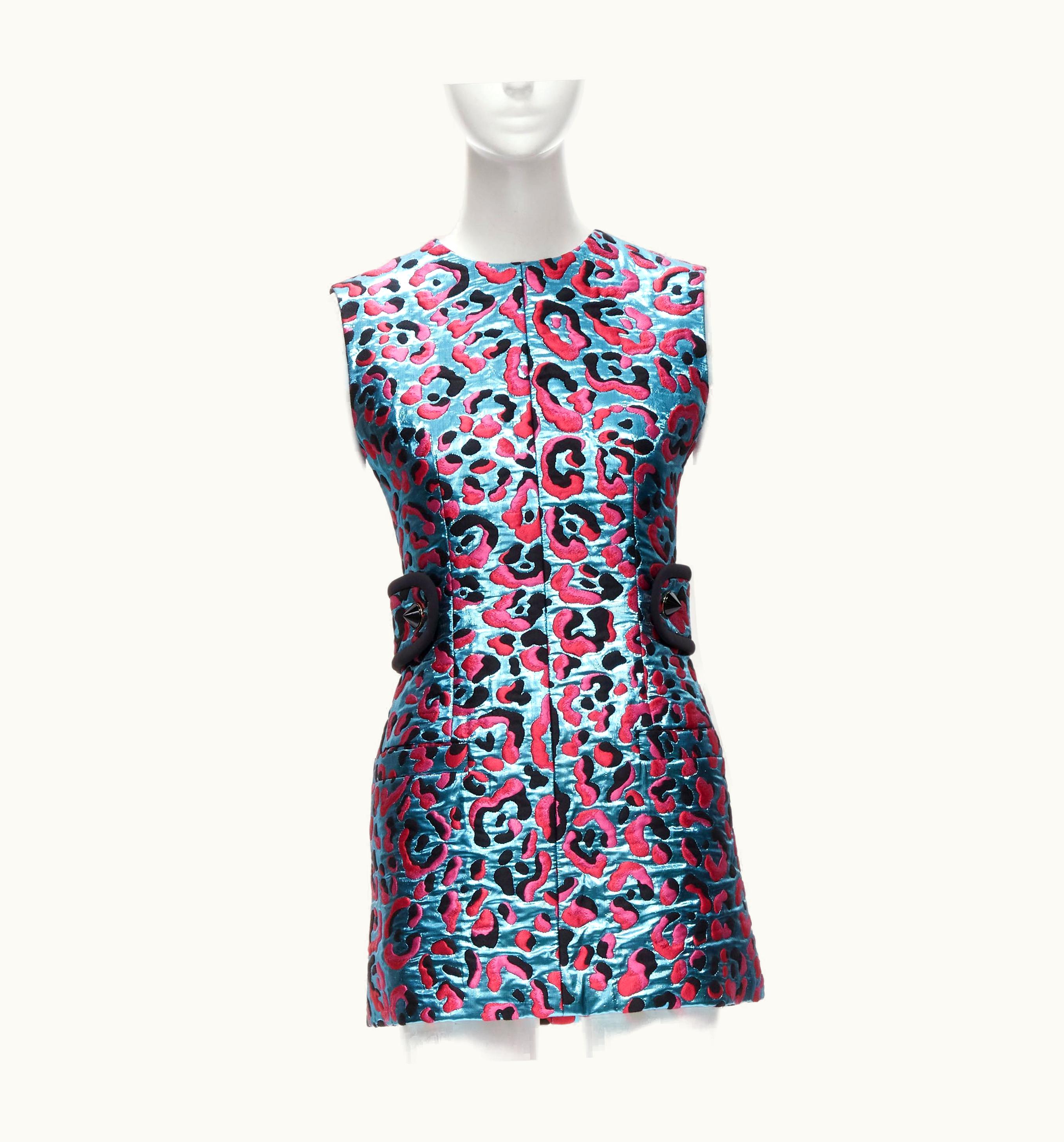 Louis Vuitton Louis Vuitton 2022 Metallic Blue Pink Leopard Jacquard Strap Belt Dress