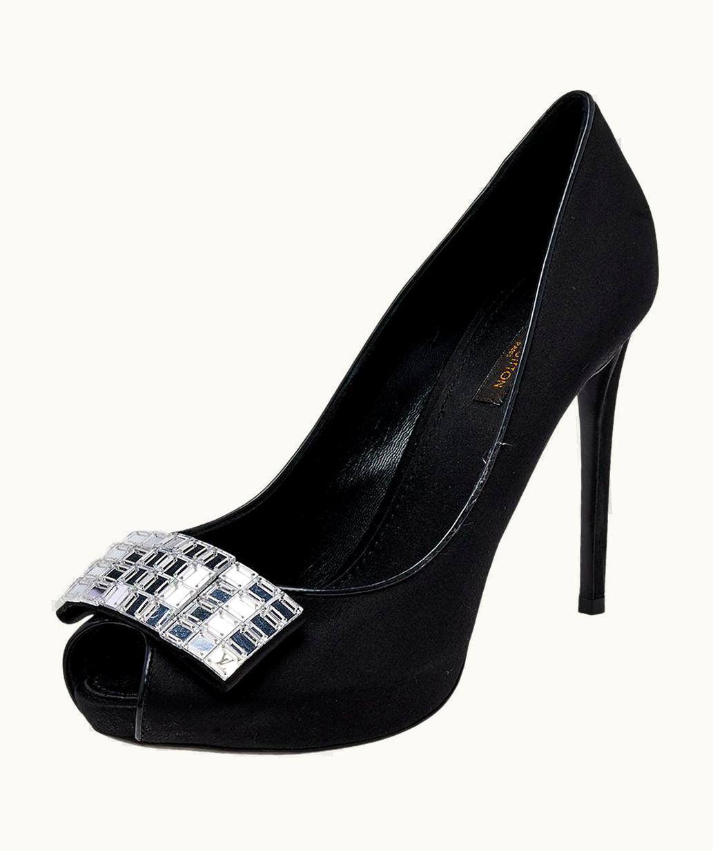 Louis Vuitton Louis Vuitton Black Satin Embellished Peep Toe Pumps