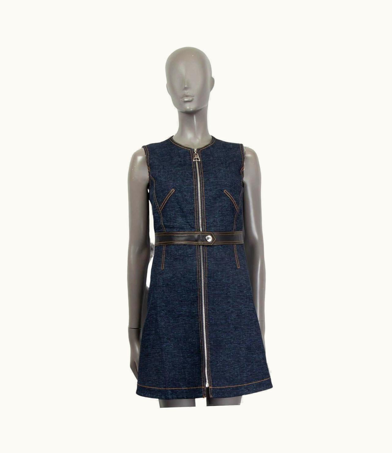 Louis Vuitton Louis Vuitton Blue Cotton 2014 Leather Trim Denim Mini Dress 34 Xxs