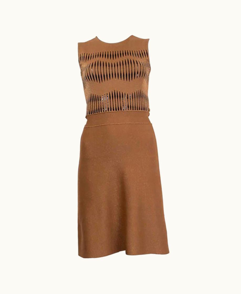 Louis Vuitton Louis Vuitton Camel Brown Wool 2016 Gold Glitter Sleeveless Dress