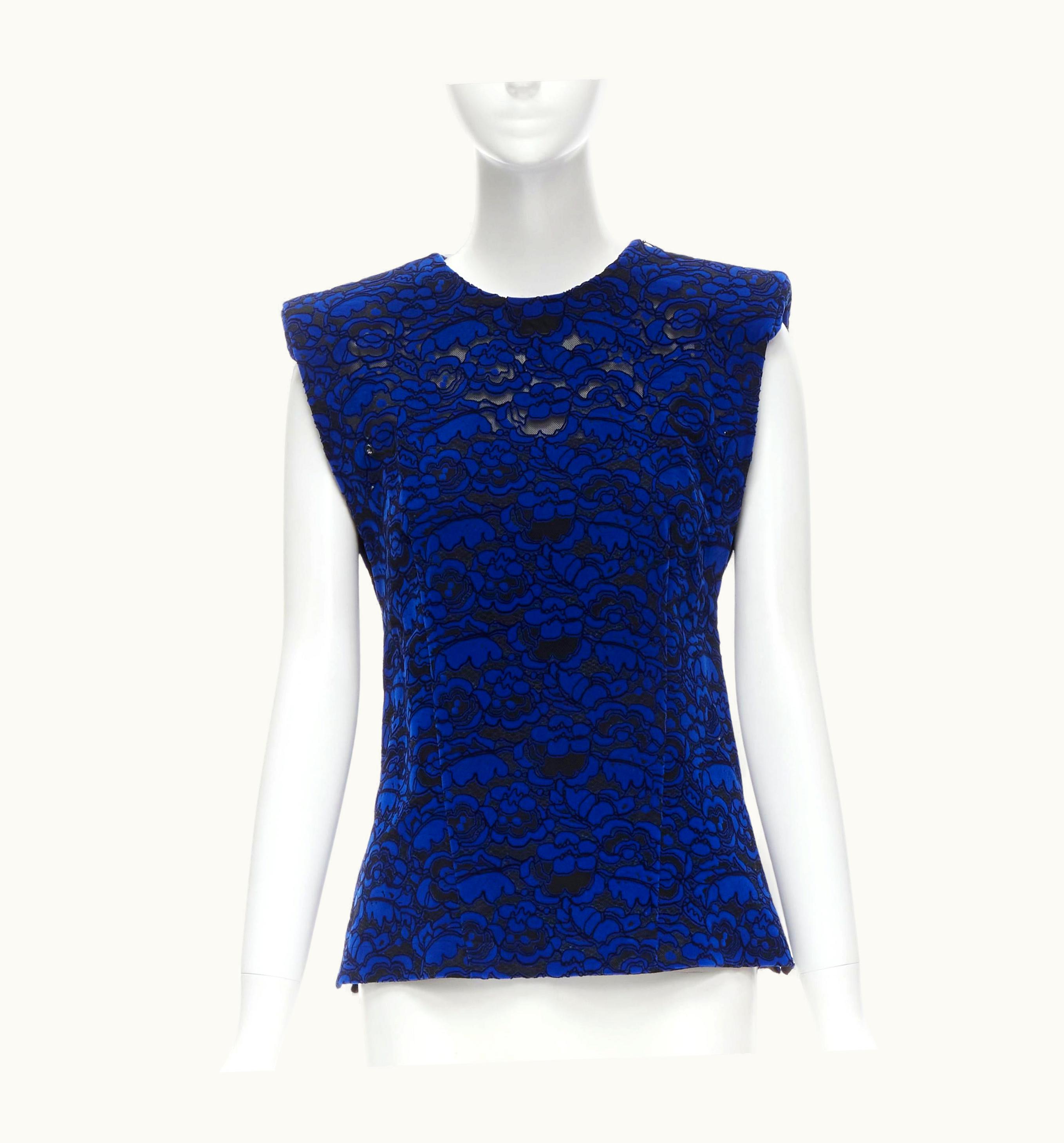 Louis Vuitton Louis Vuitton 2017 Runway Cobalt Blue Floral Velvet Effect Lace Shoulder Padded