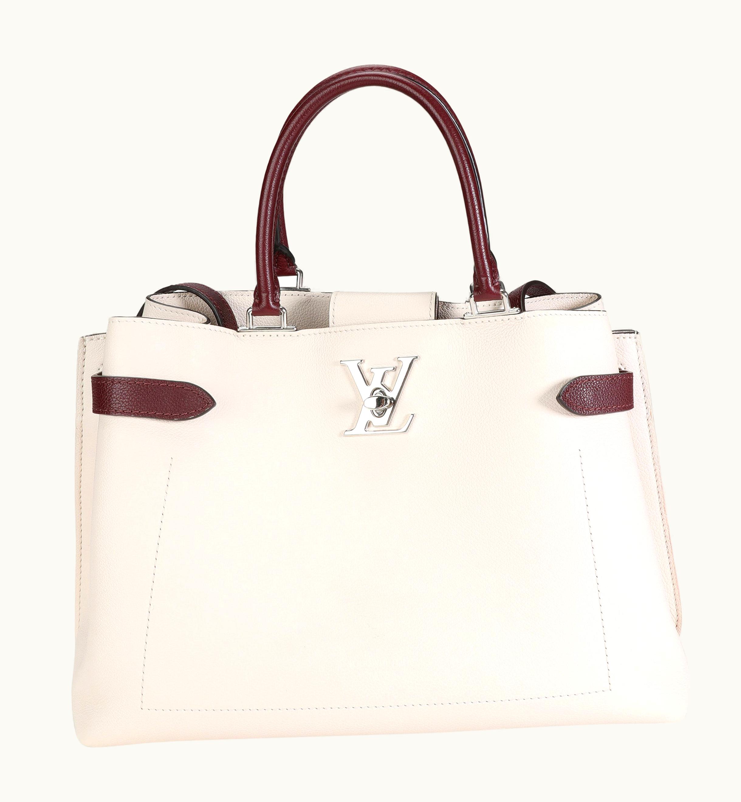 Louis Vuitton Louis Vuitton Cream & Burgundy Grained Calf Leather Lockme Day Bag