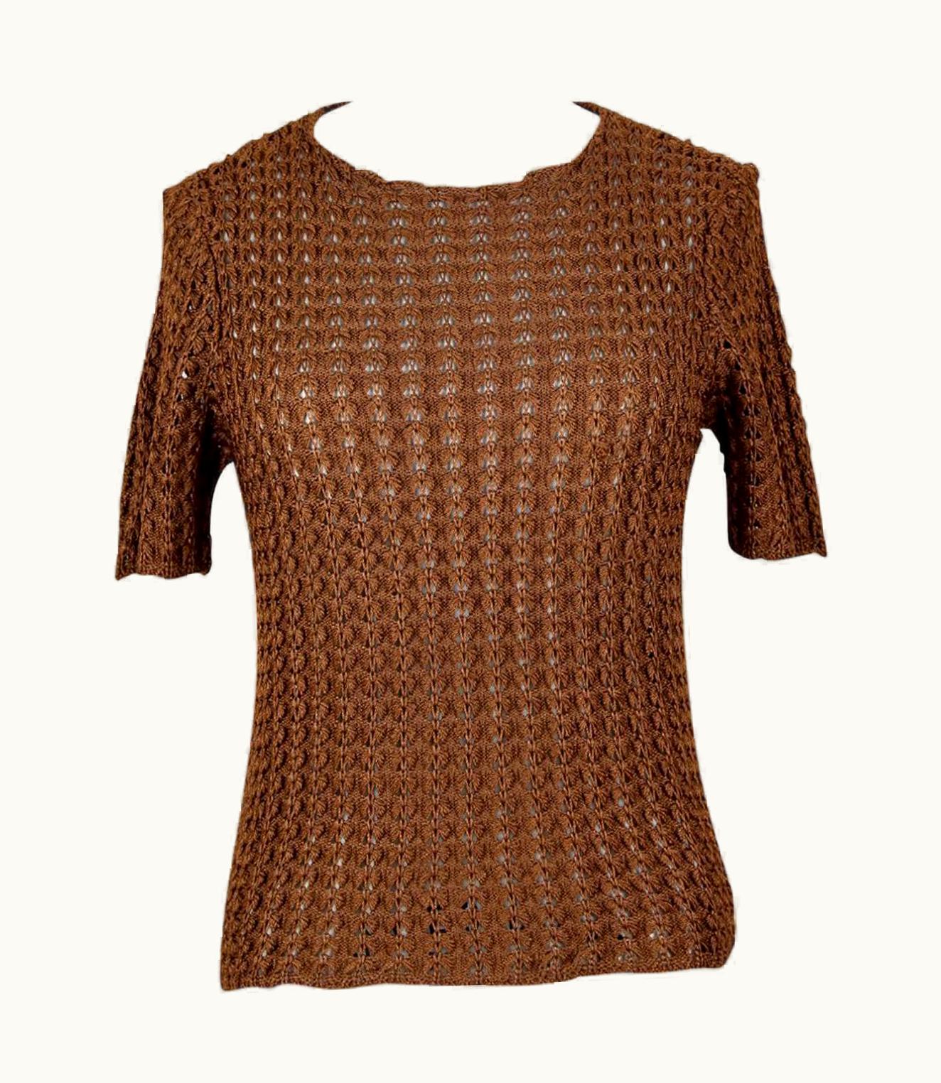 Saint Laurent Yves Saint Laurent YSL Brown Openwork Knit Pullover Sweater Top, 1980s