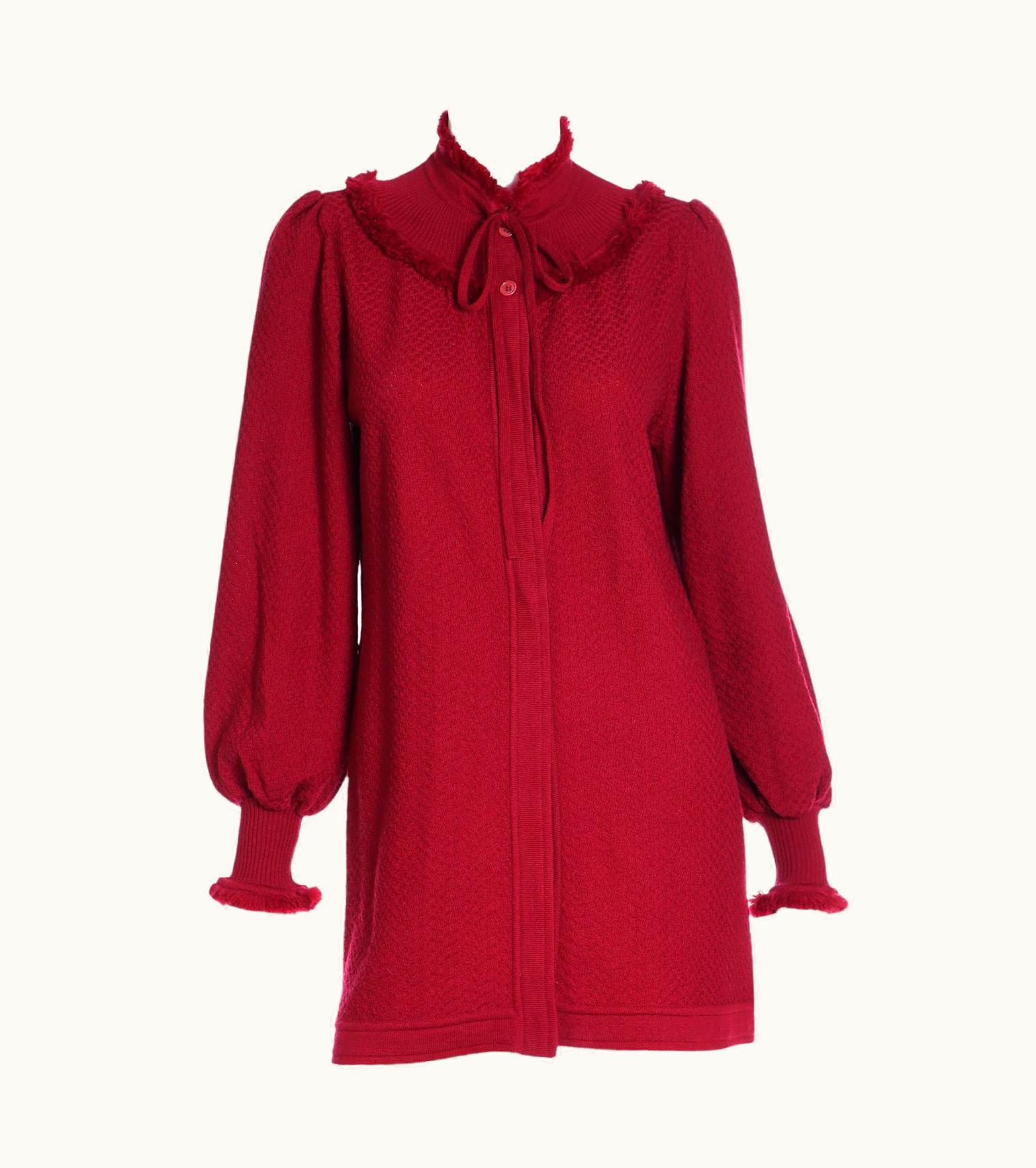 Saint Laurent Vintage Yves Saint Laurent 1970s Burgundy Red Fringe Wool Knit Sweater