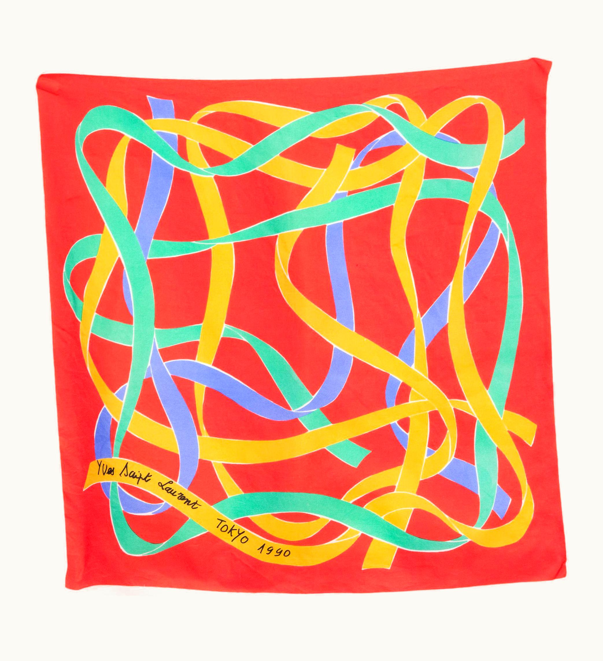 Saint Laurent Yves Saint Laurent YSL Red Ribbons Tokyo 1990 Silk Scarf