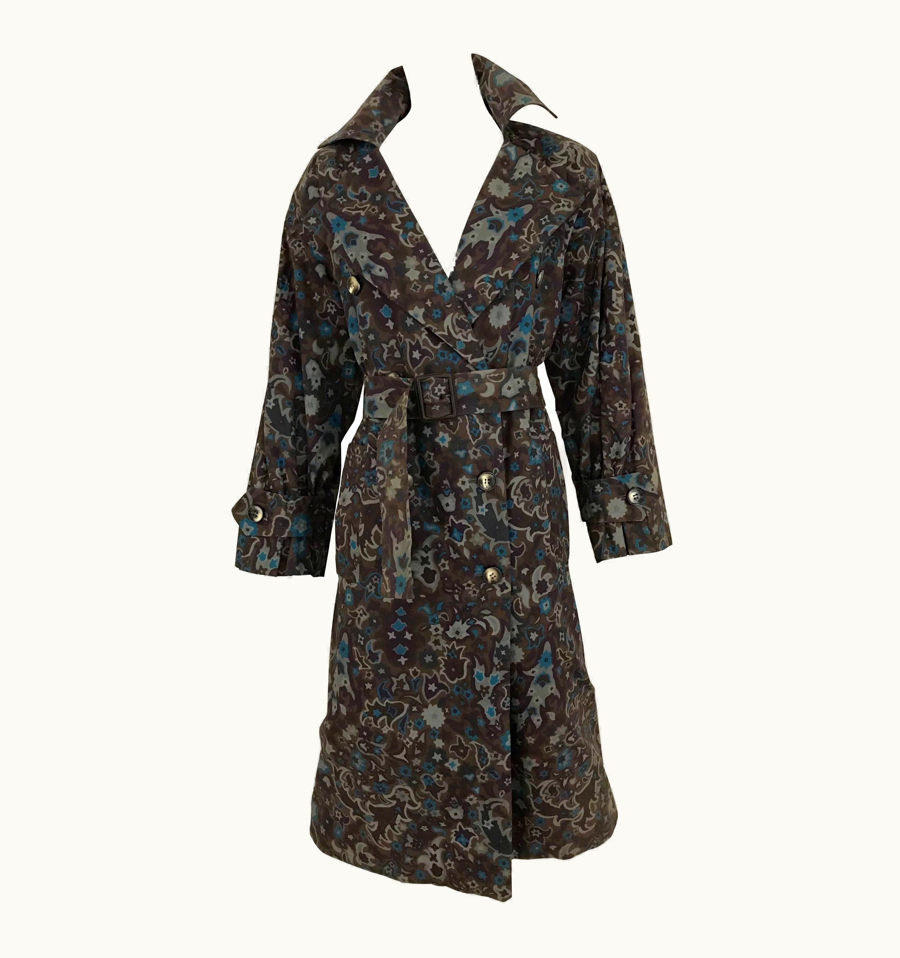 Saint Laurent 1970s Saint Laurent Brown, Teal And Grey Paisley Print Vintage Trench Coat