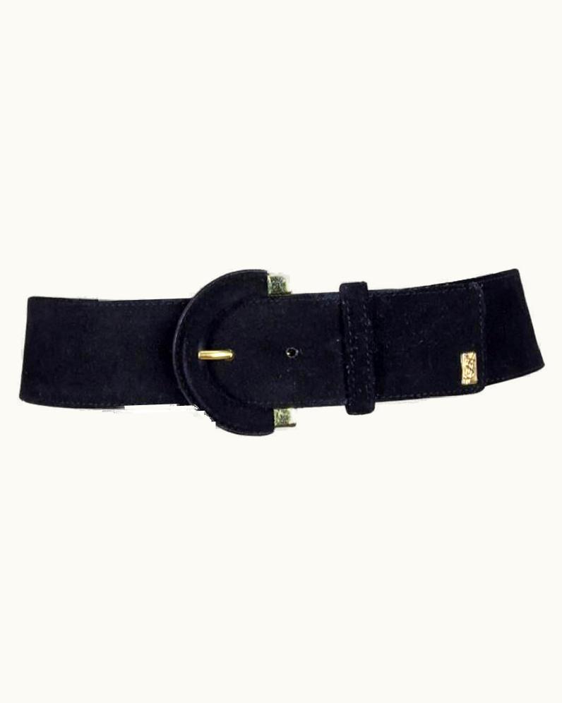 Saint Laurent Yves Saint Laurent Black Suede Belt With Gold Tone Accents And YSL Logo, 1990s