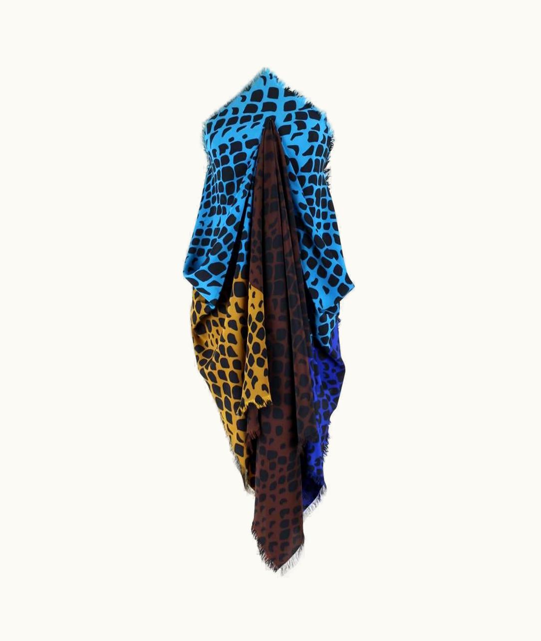 Saint Laurent Yves Saint Laurent YSL Large Spotted Blue Brown Curry Silk Scarf S/S Wrap, 1980s
