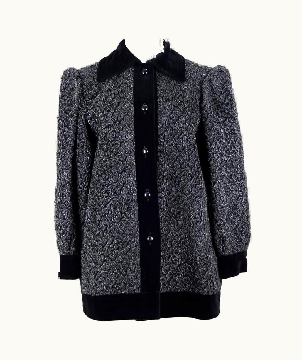 Saint Laurent Yves Saint Laurent YSL Grey Faux Astrakhan Fur And Black Velvet Jacket, C 1992