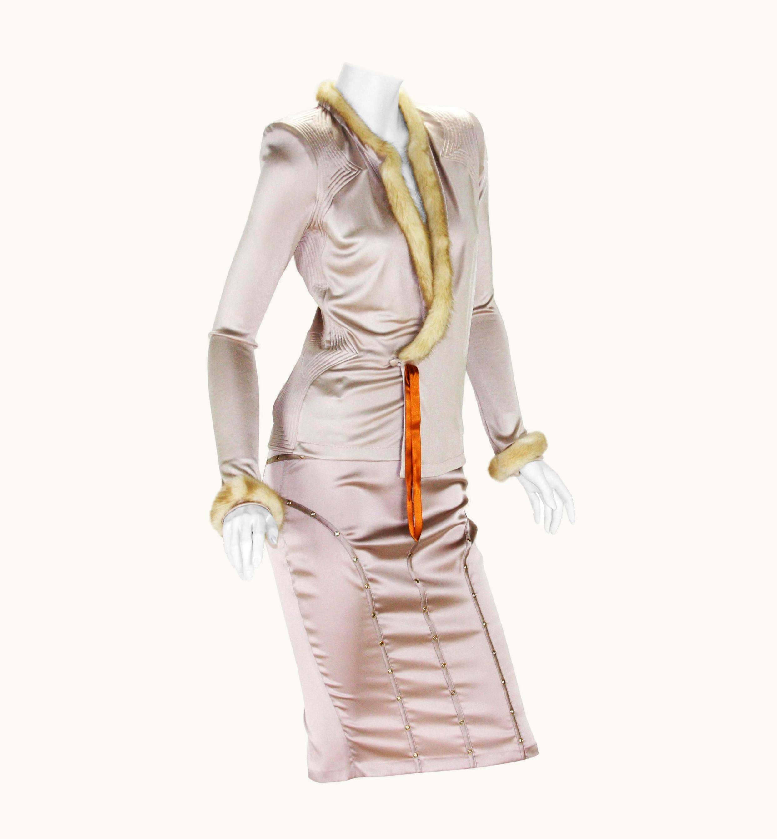 Gucci Tom Ford For Gucci And Yves Saint Laurent Nude Silk Mink Skirt Suit It. 40 Us