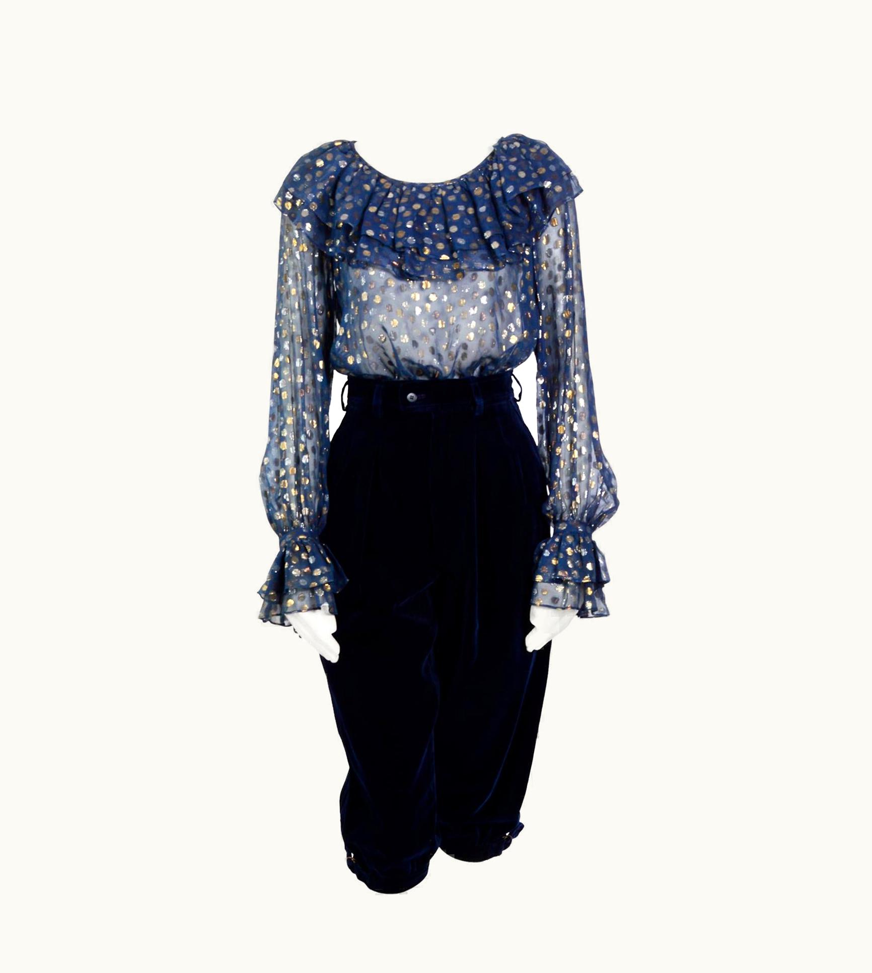 Saint Laurent Yves Saint Laurent 1970s Blue Chiffon Metallic Dot Blouse And Velvet Pants Set