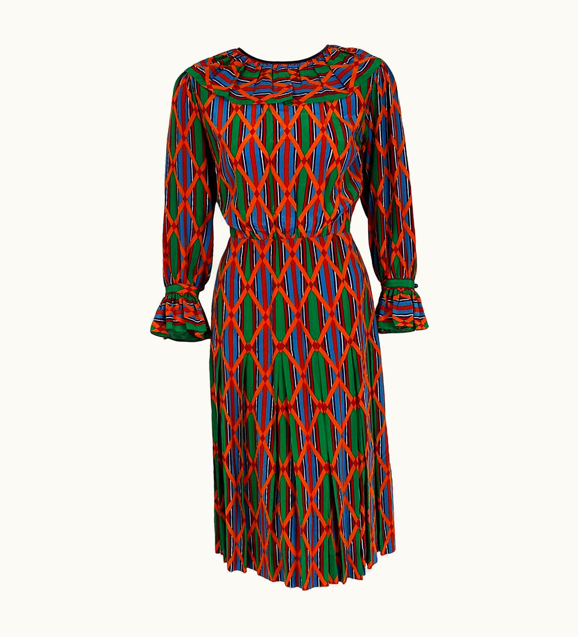 Saint Laurent Vintage 1979 Yves Saint Laurent Colorful Navajo Print Silk Pleated Peasant Dress