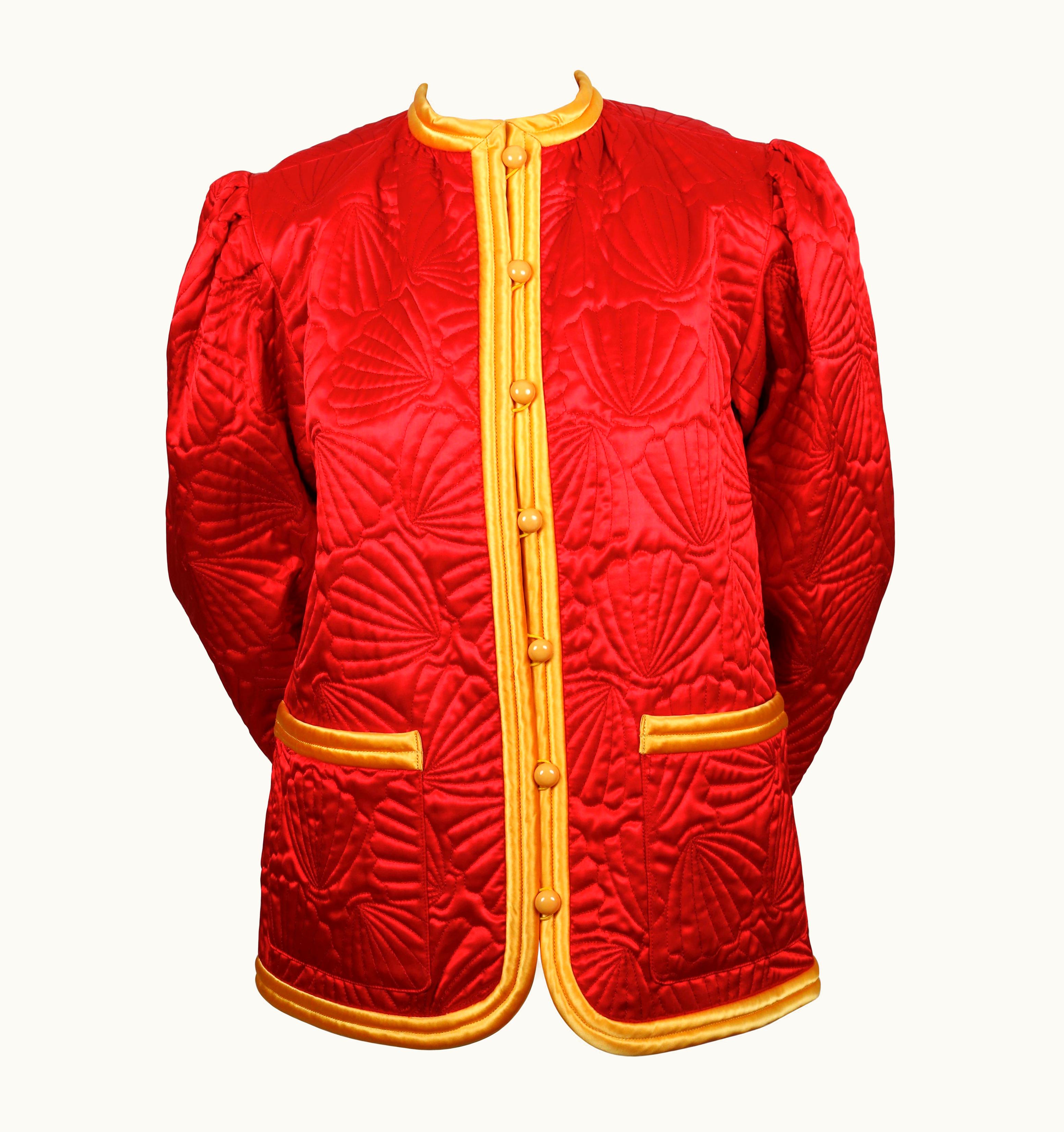 Saint Laurent 1979 Saint Laurent Red Satin Runway Jacket With Seashell Embroidery