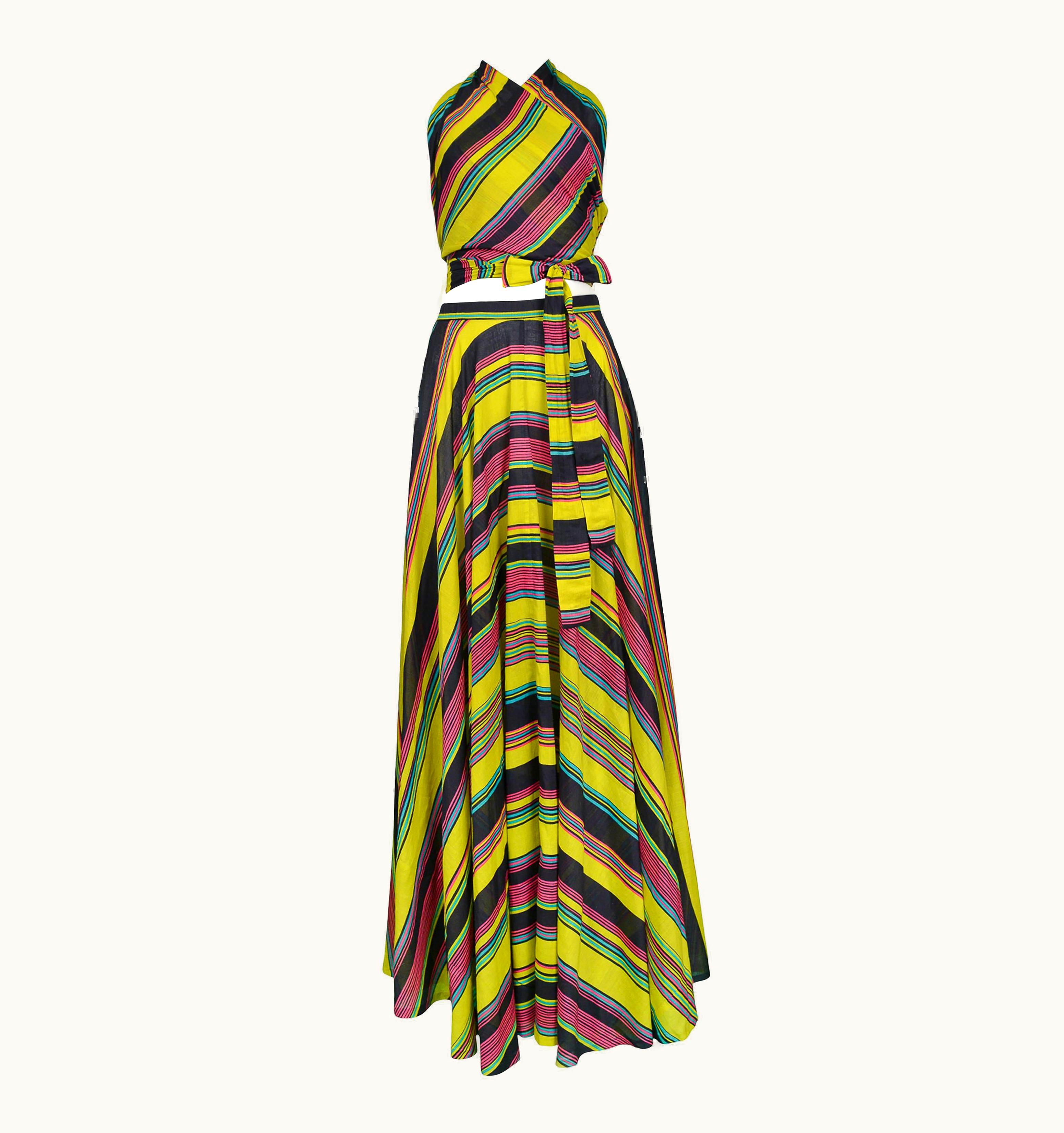 Saint Laurent Vintage Yves Saint Laurent YSL Chartreuse Stripe Wrap Ensemble, 1970s