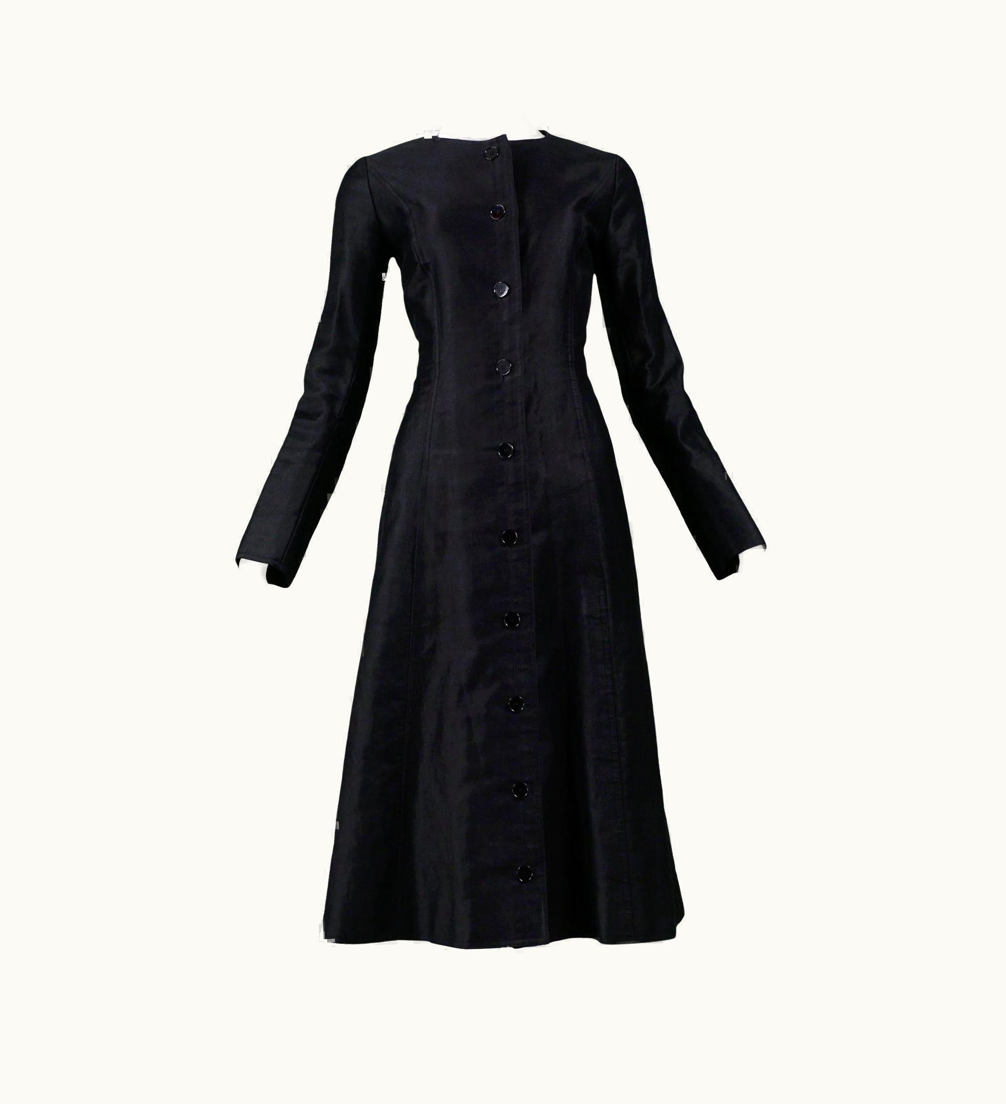 Saint Laurent Yves Saint Laurent YSL Black Sateen Button Front Coat 1970s