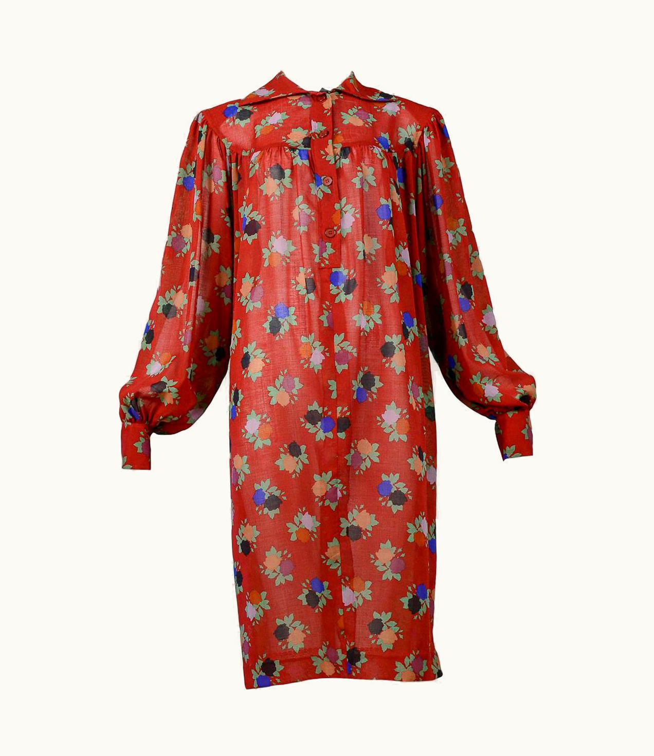 Saint Laurent Vintage Yves Saint Laurent YSL Red Floral Smock Dress 1970'