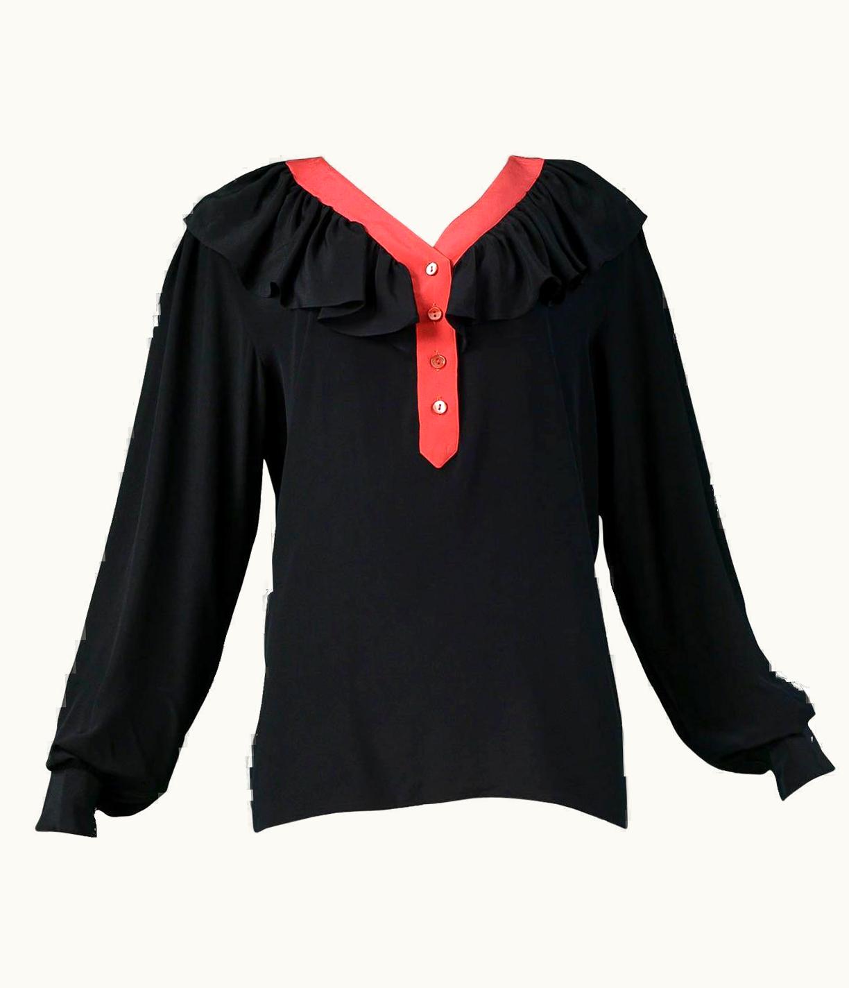 Saint Laurent Vintage Yves Saint Laurent Black & Red Silk Ruffle Blousew