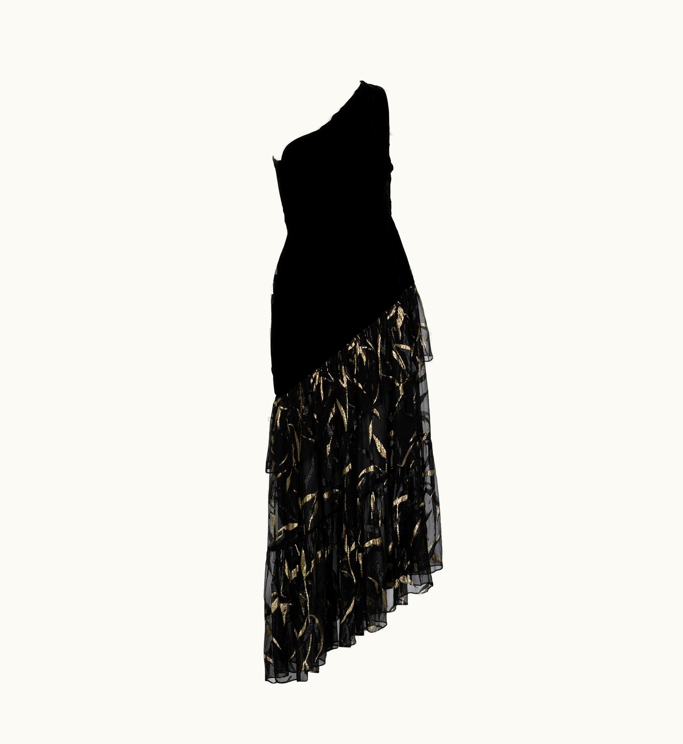 Saint Laurent Saint Laurent YSL One Shoulder Black Velvet Metallic Layered Dress, 1980s UZ0583380