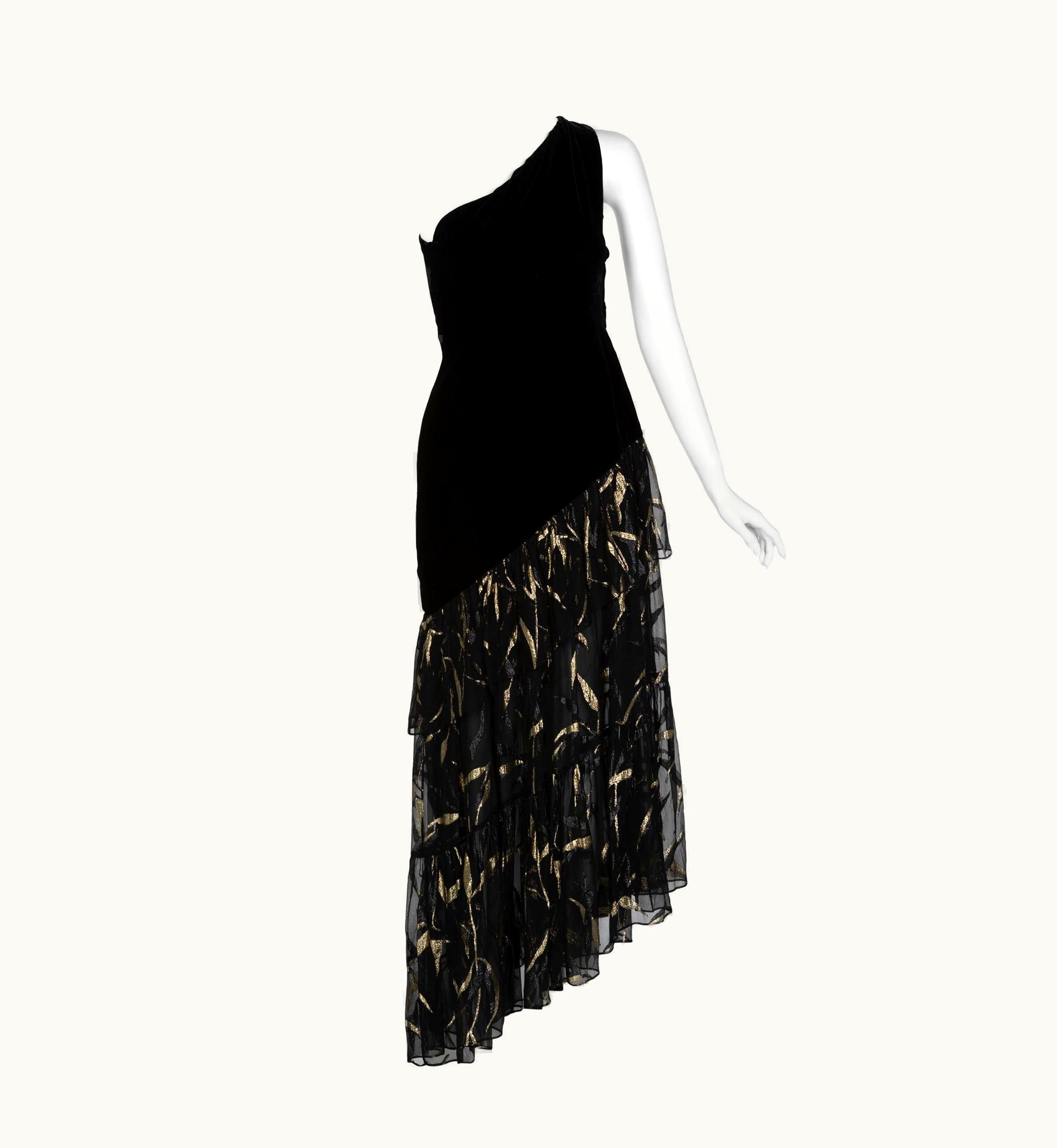 Saint Laurent Saint Laurent YSL One Shoulder Black Velvet Metallic Layered Dress, 1980s UZ0583399