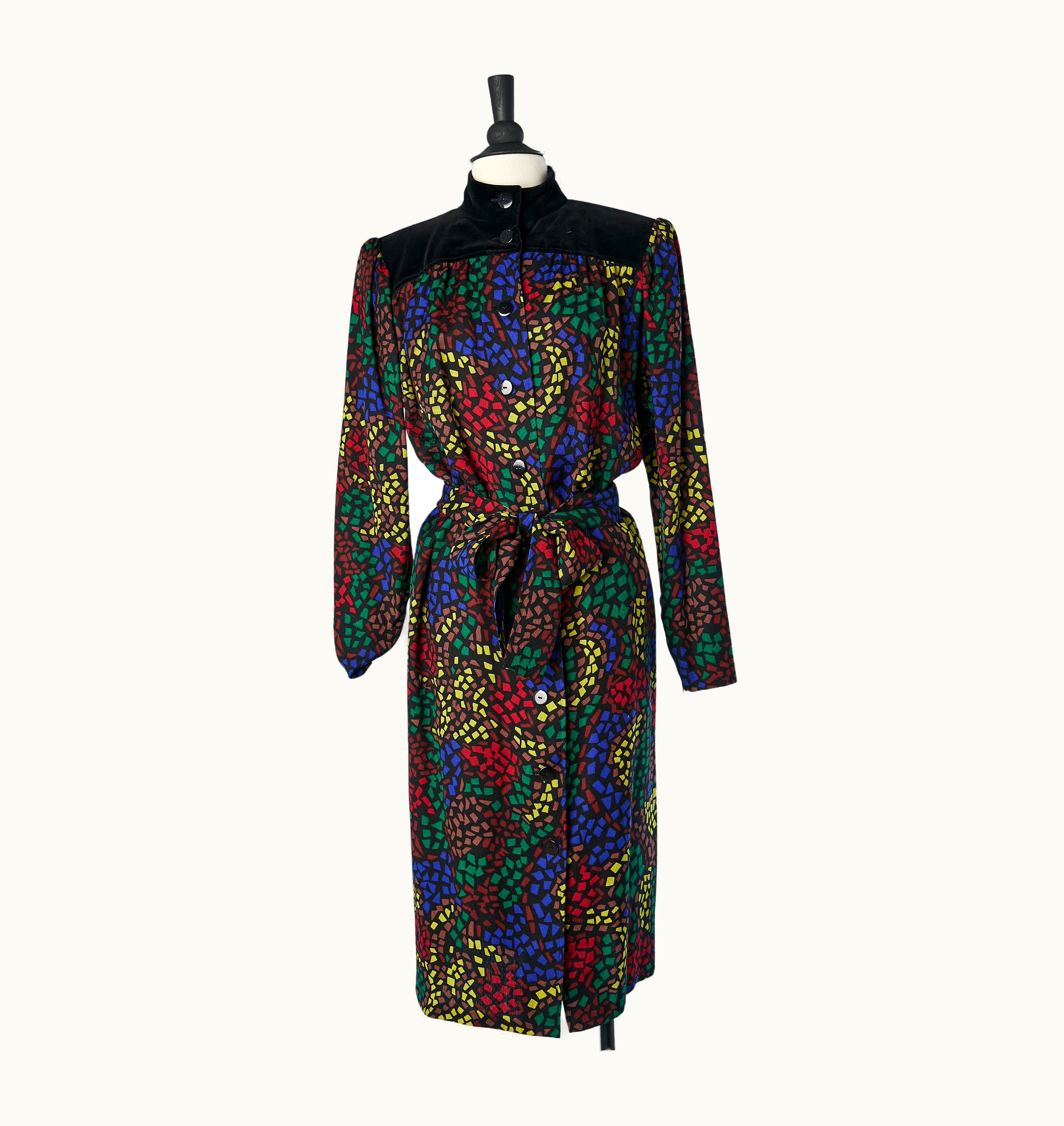 Saint Laurent Printed Wool Dress With Velvet Shoulders Yves Saint Laurent Variation
