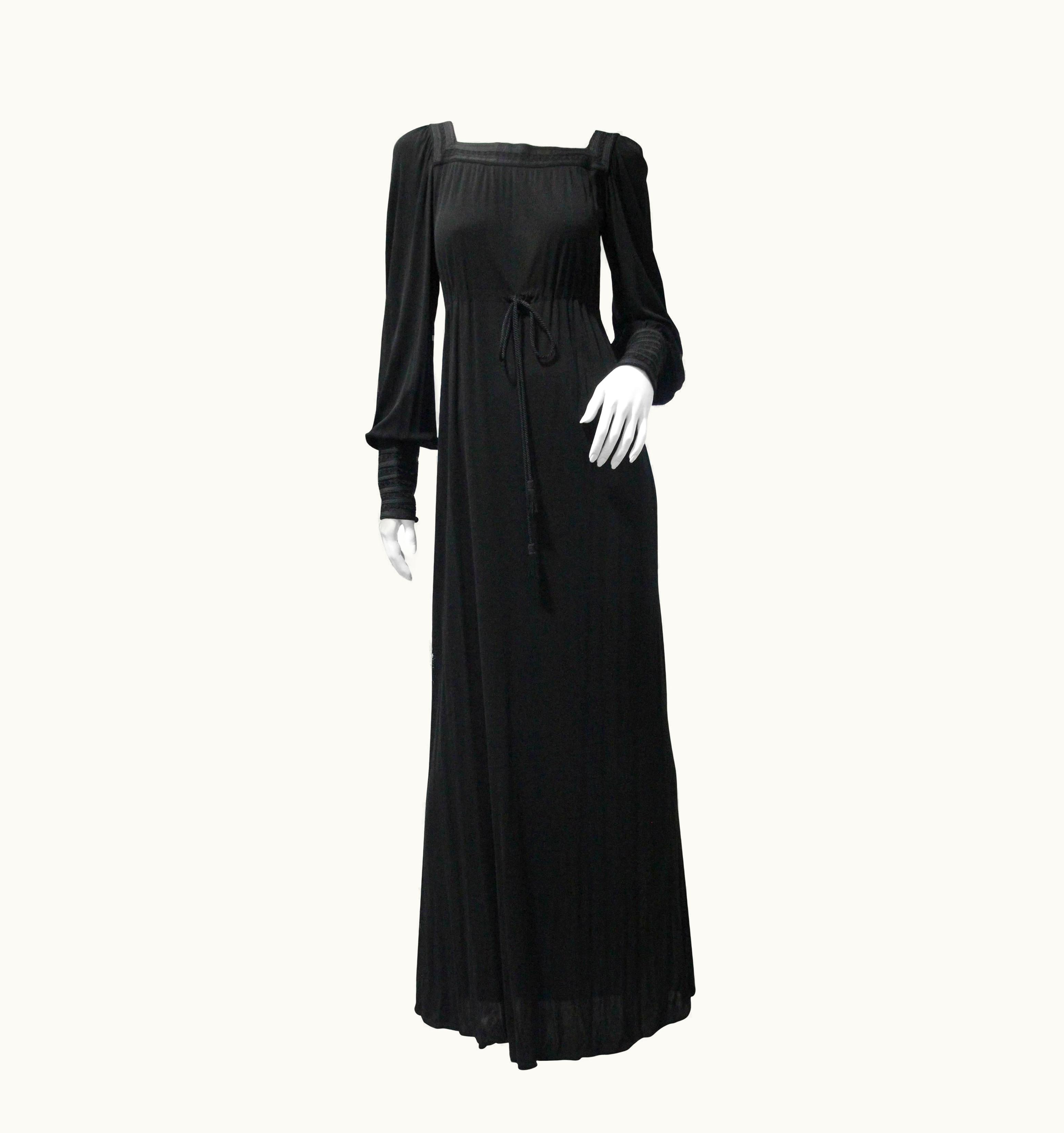 Saint Laurent 1970s Yves Saint Laurent Black Rayon Jersey Dress Square Moroccan Braid Trim
