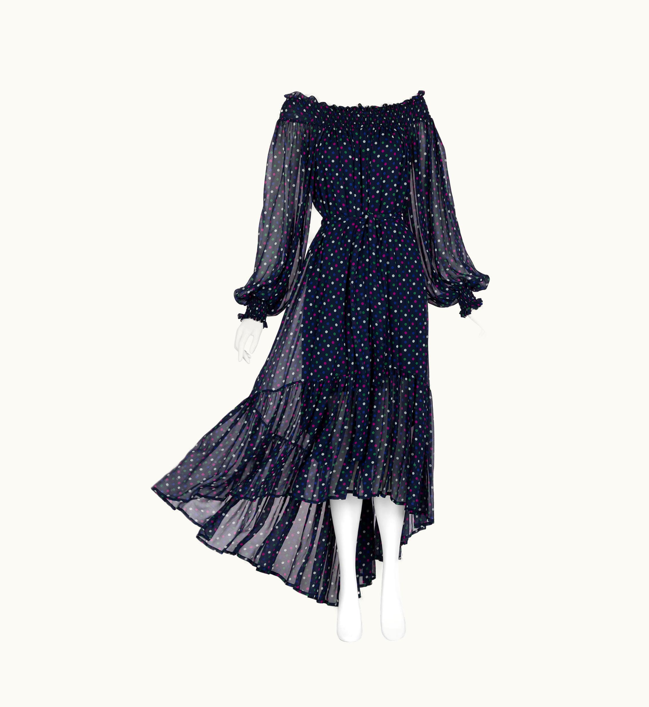 Saint Laurent Saint Laurent Blue Polka Dot Off Shoulder Silk Dress YSL 1970s