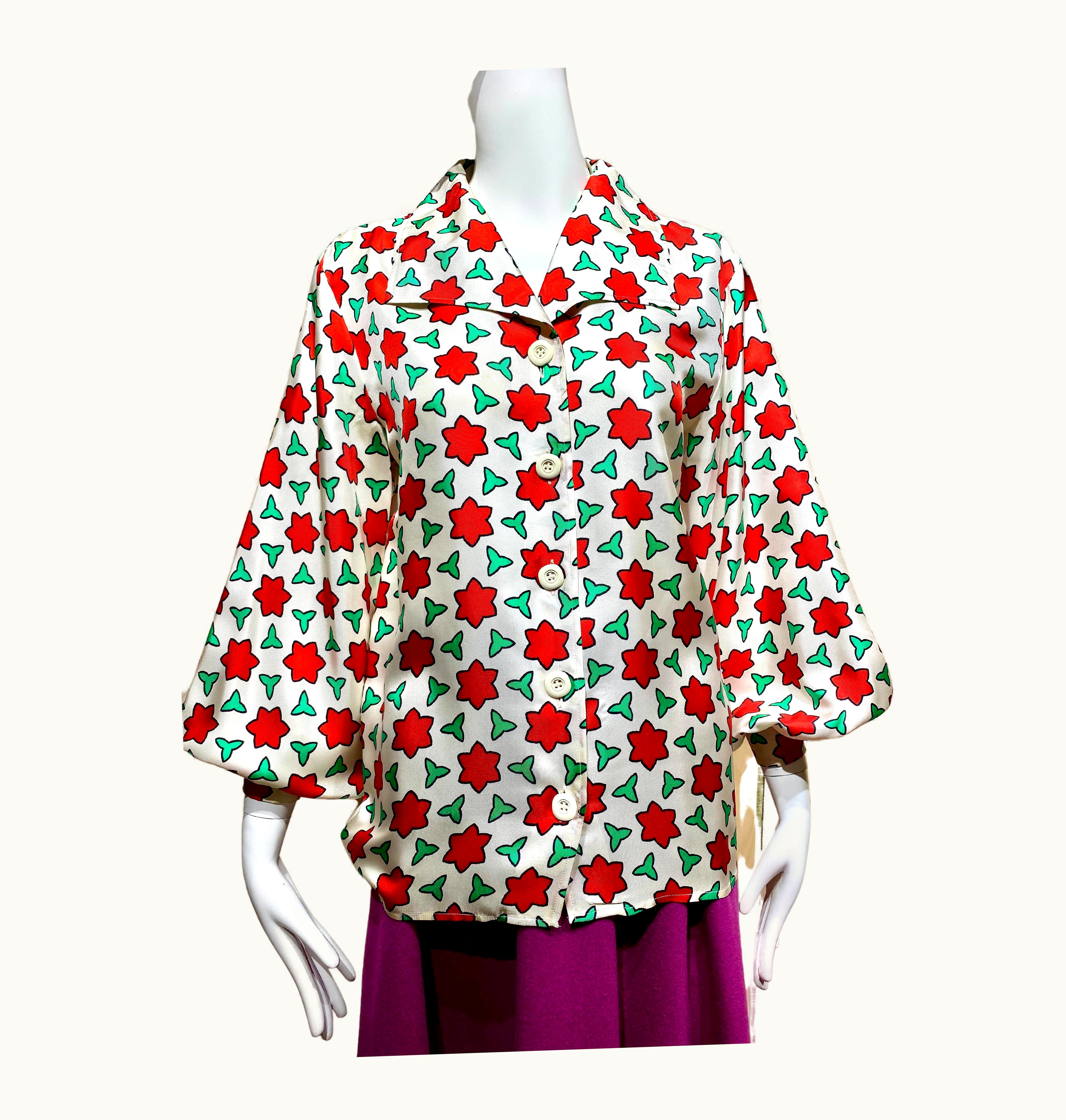 Saint Laurent 1970s Saint Laurent Rive Gauche White Silk Blouse With Red Stars Print