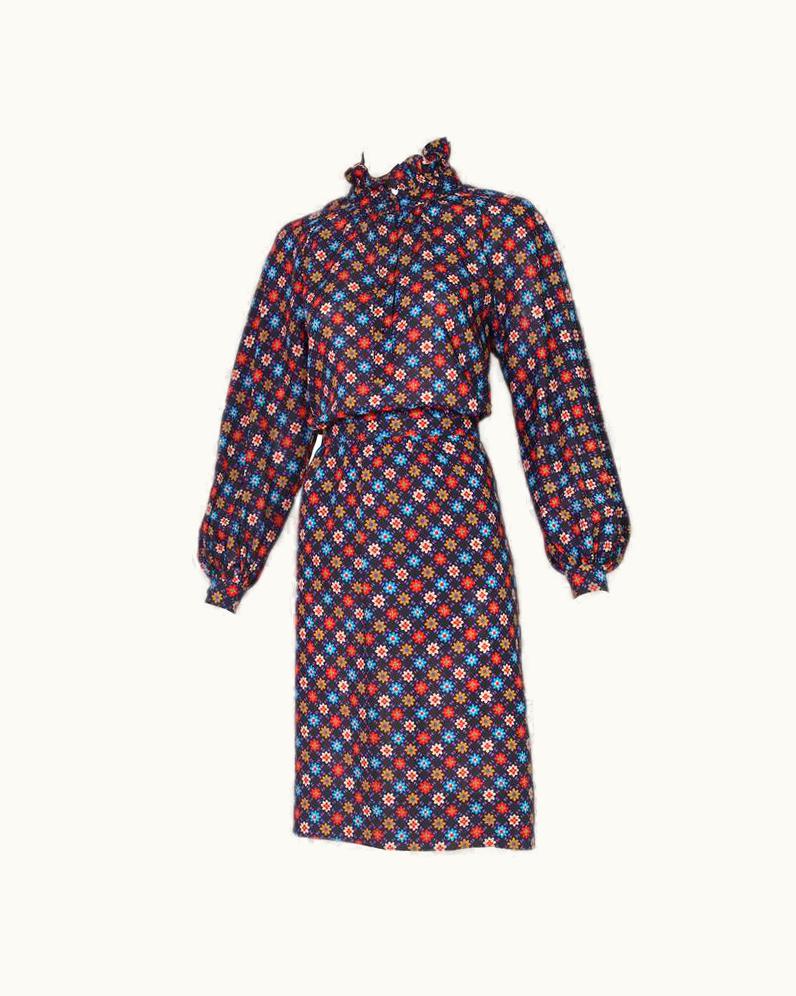 Saint Laurent Iconic 1970' Yves Saint Laurent YSL Floral Print Blouse & Skirt Ensemble