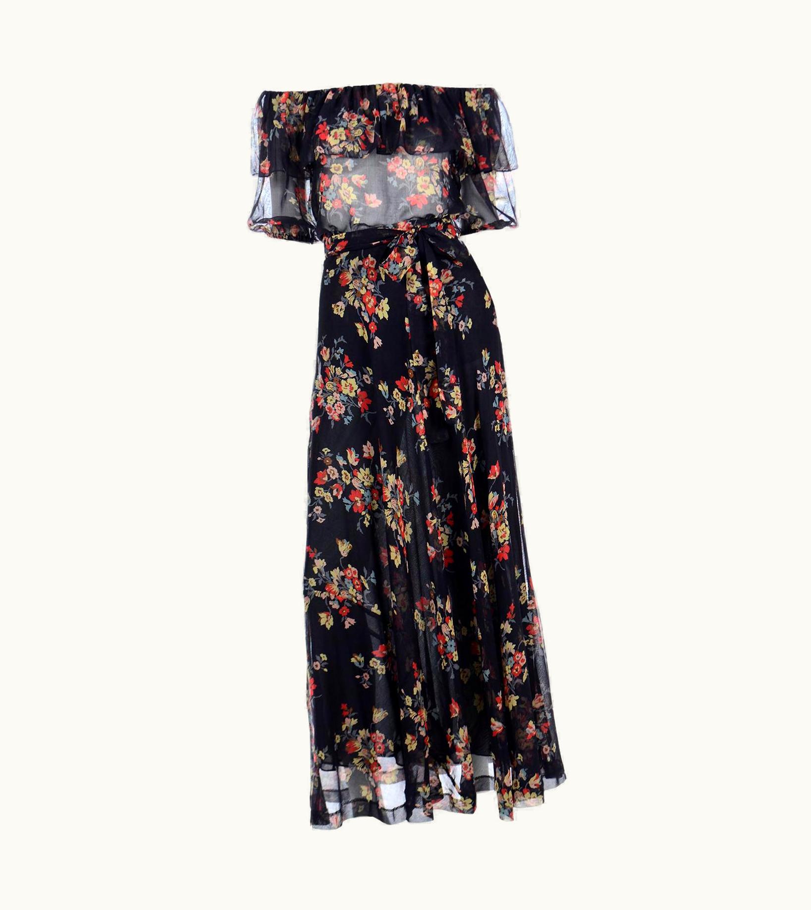 Saint Laurent 1970s Yves Saint Laurent Vintage 2 Pc Black Floral Sheer Maxi Dress