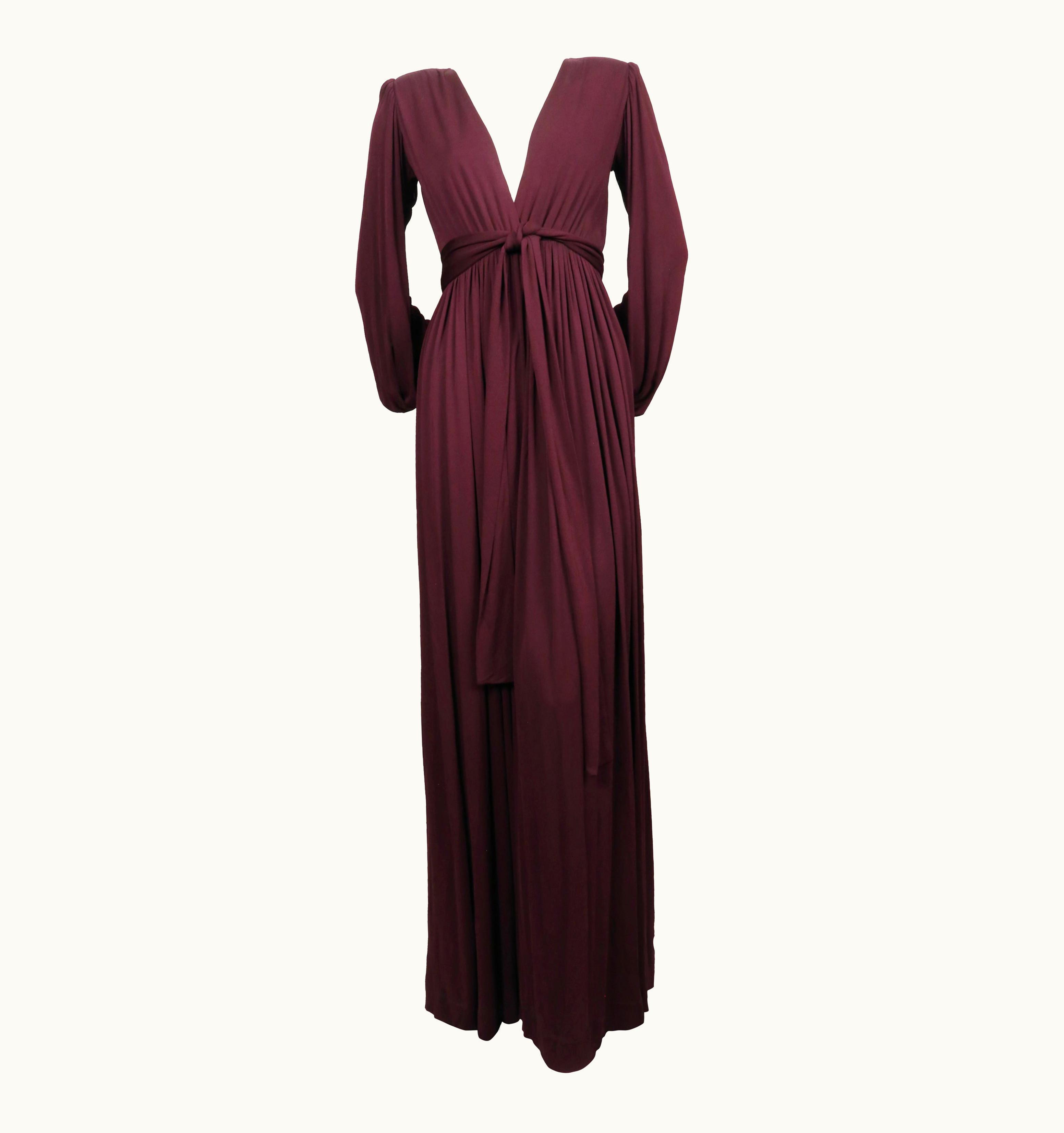 Saint Laurent 1970' Yves Saint Laurent Long Plum Jersey Gown With Matching Sash