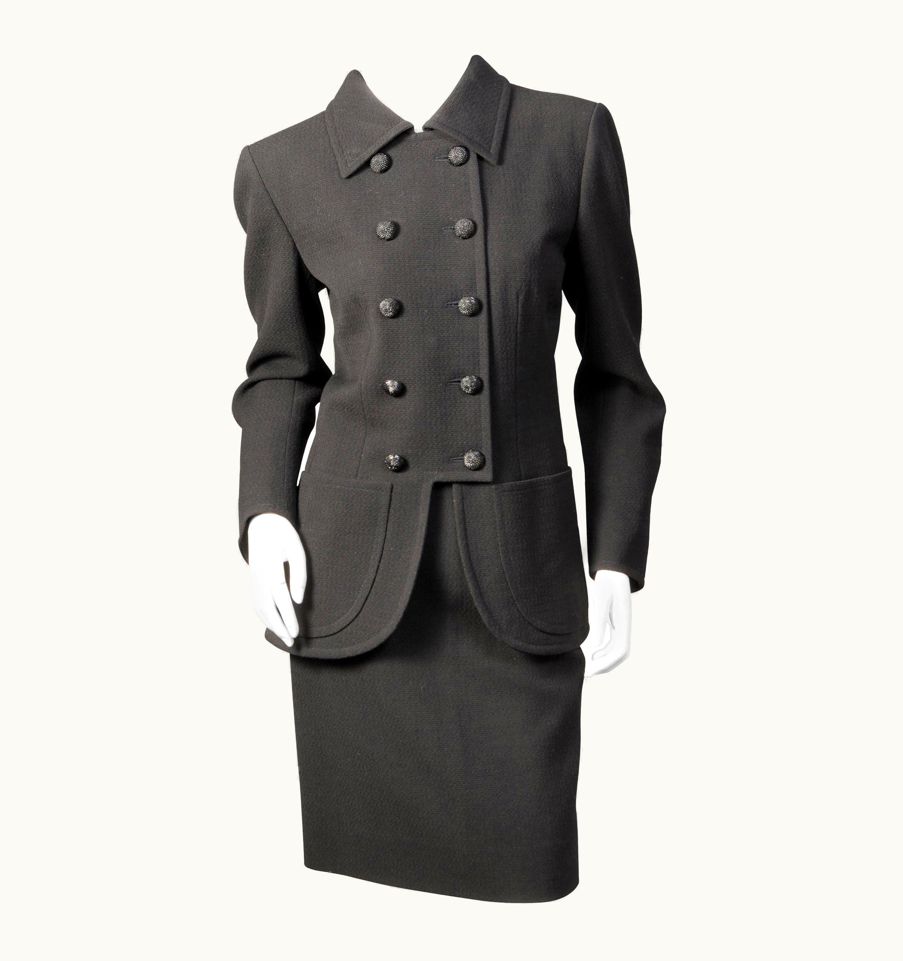 Saint Laurent Yves Saint Laurent Haute Couture Double Breasted Black Wool Suit, Late 1970s